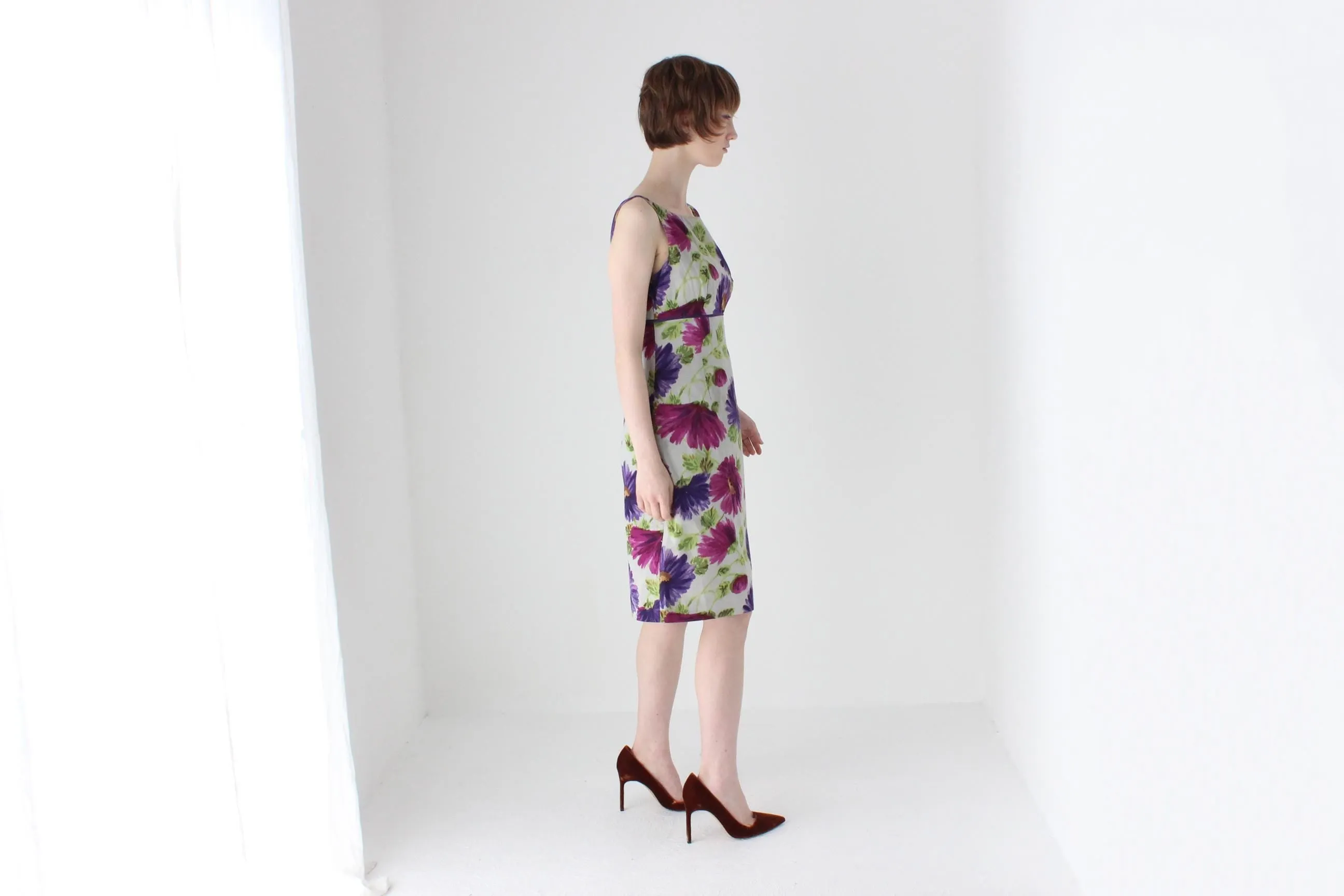 2000s Cotton / Silk Floral Sheath Cocktail Dress