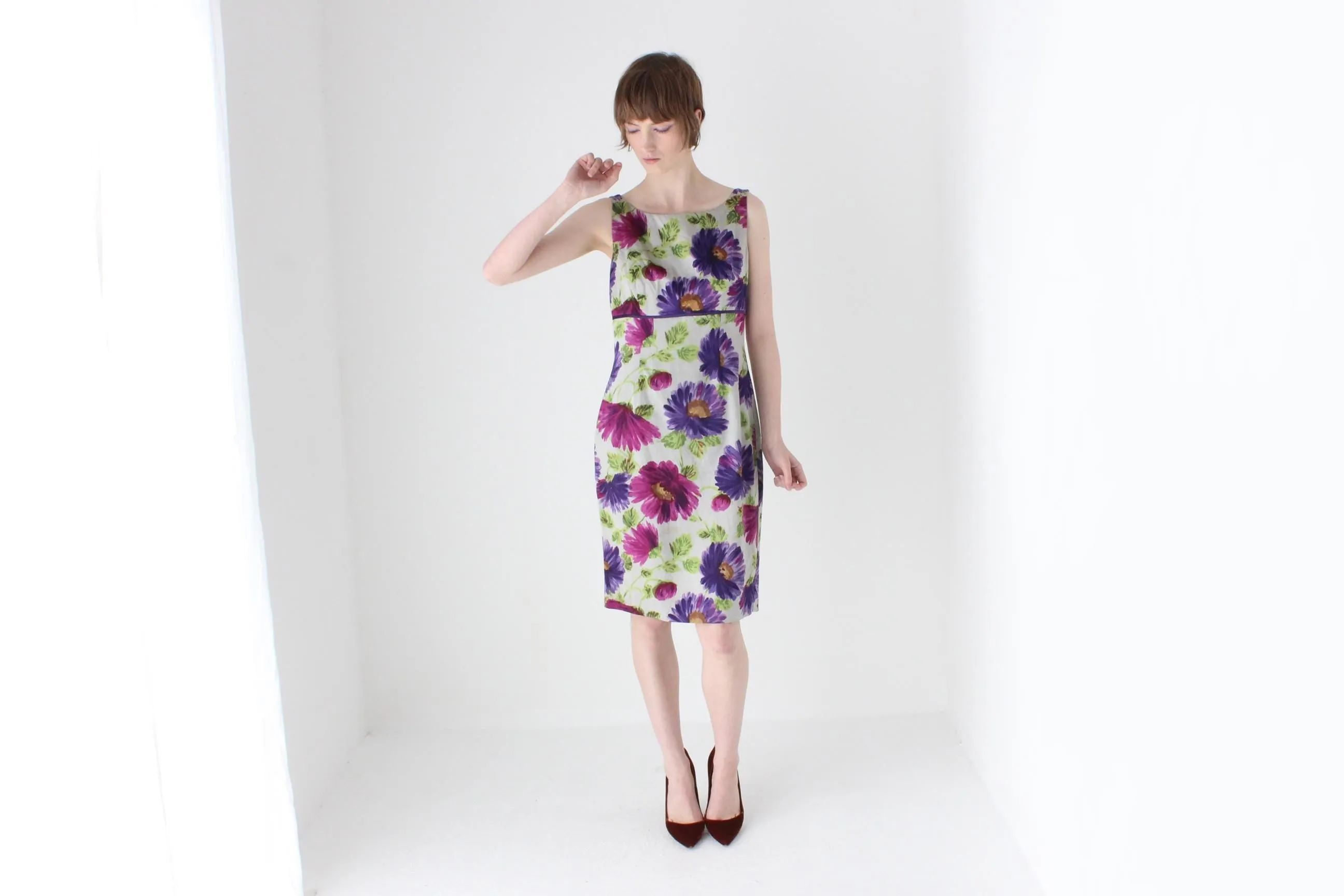 2000s Cotton / Silk Floral Sheath Cocktail Dress