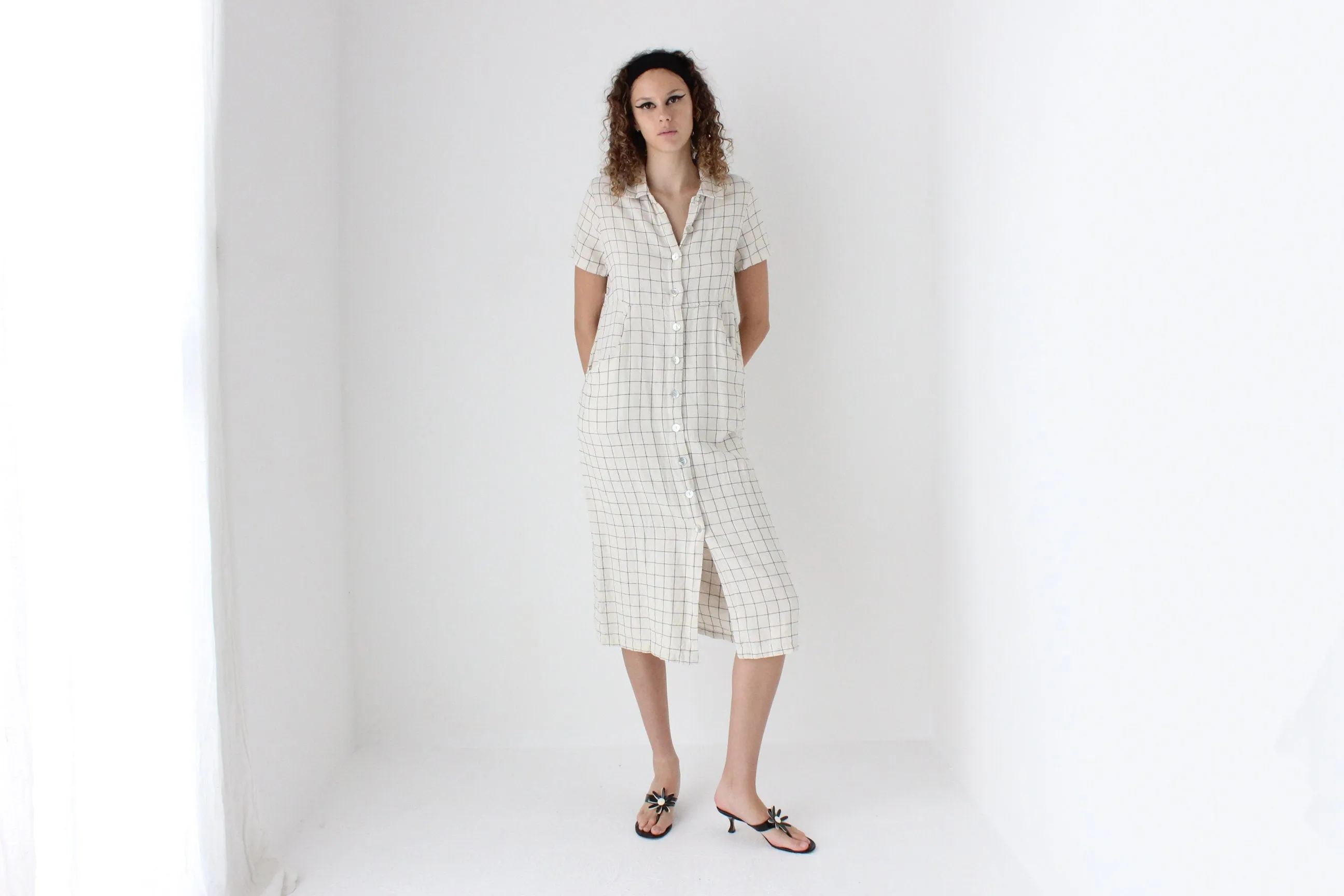 90s Pure Linen Grid Check Relaxed Button Front Dress