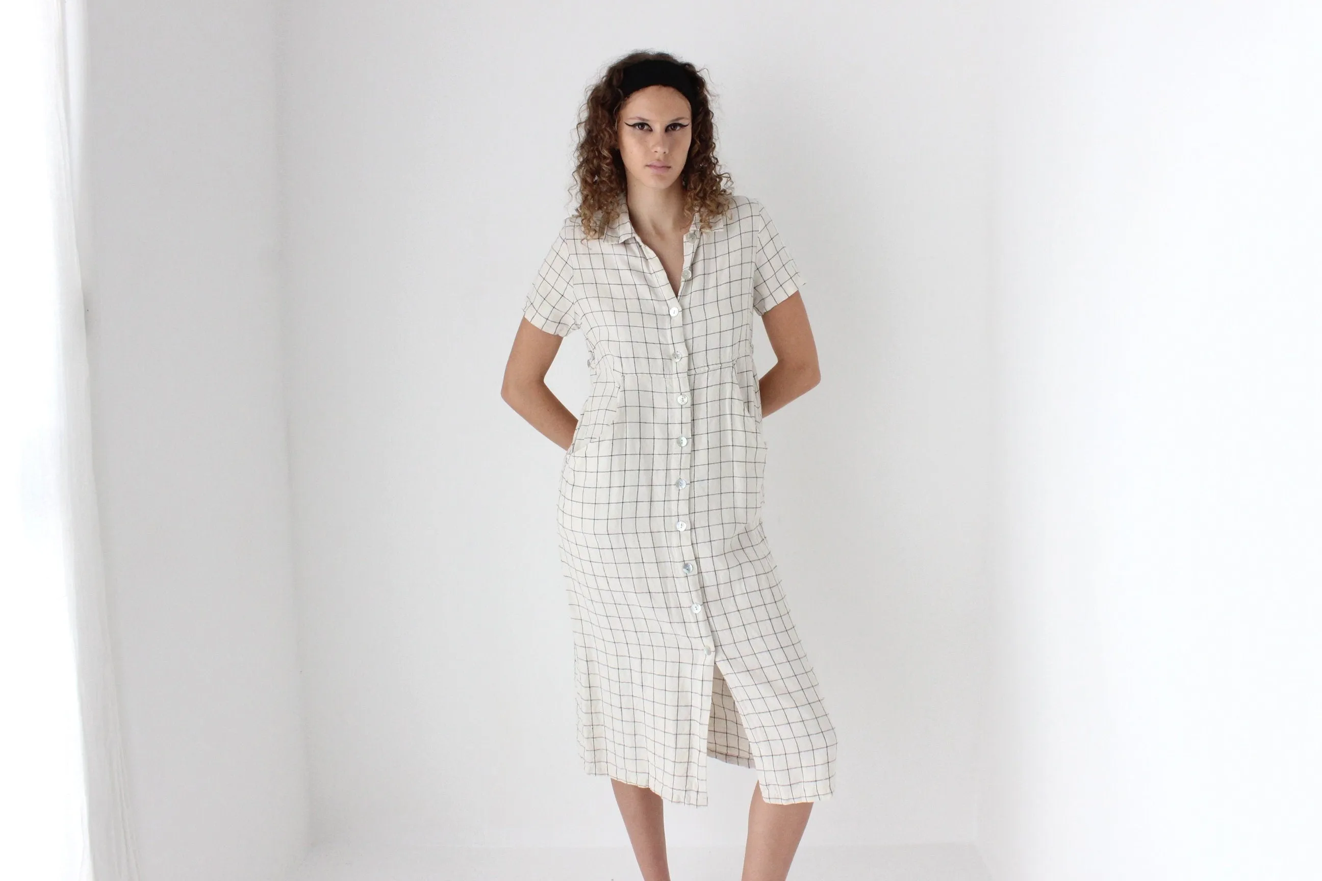 90s Pure Linen Grid Check Relaxed Button Front Dress