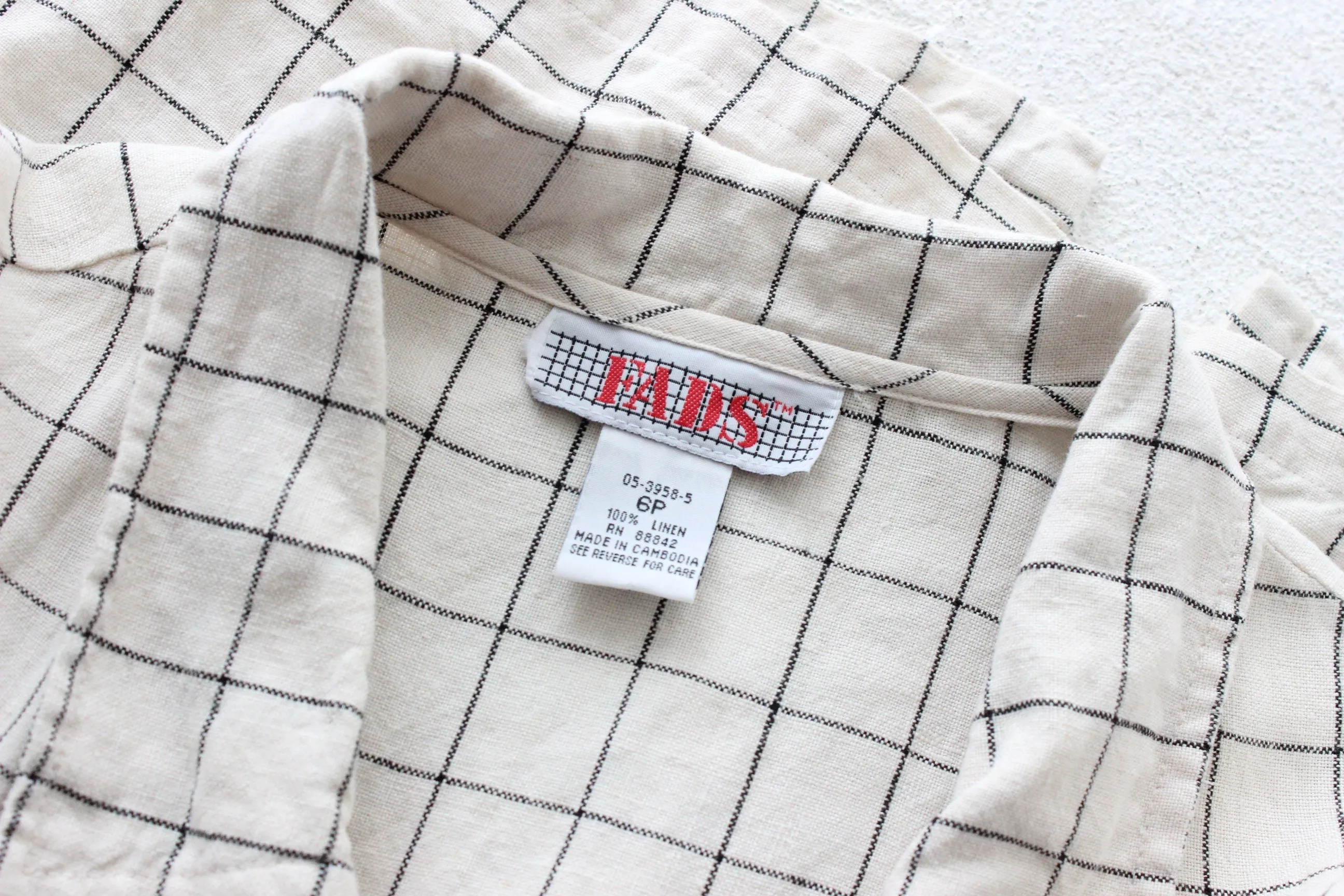 90s Pure Linen Grid Check Relaxed Button Front Dress
