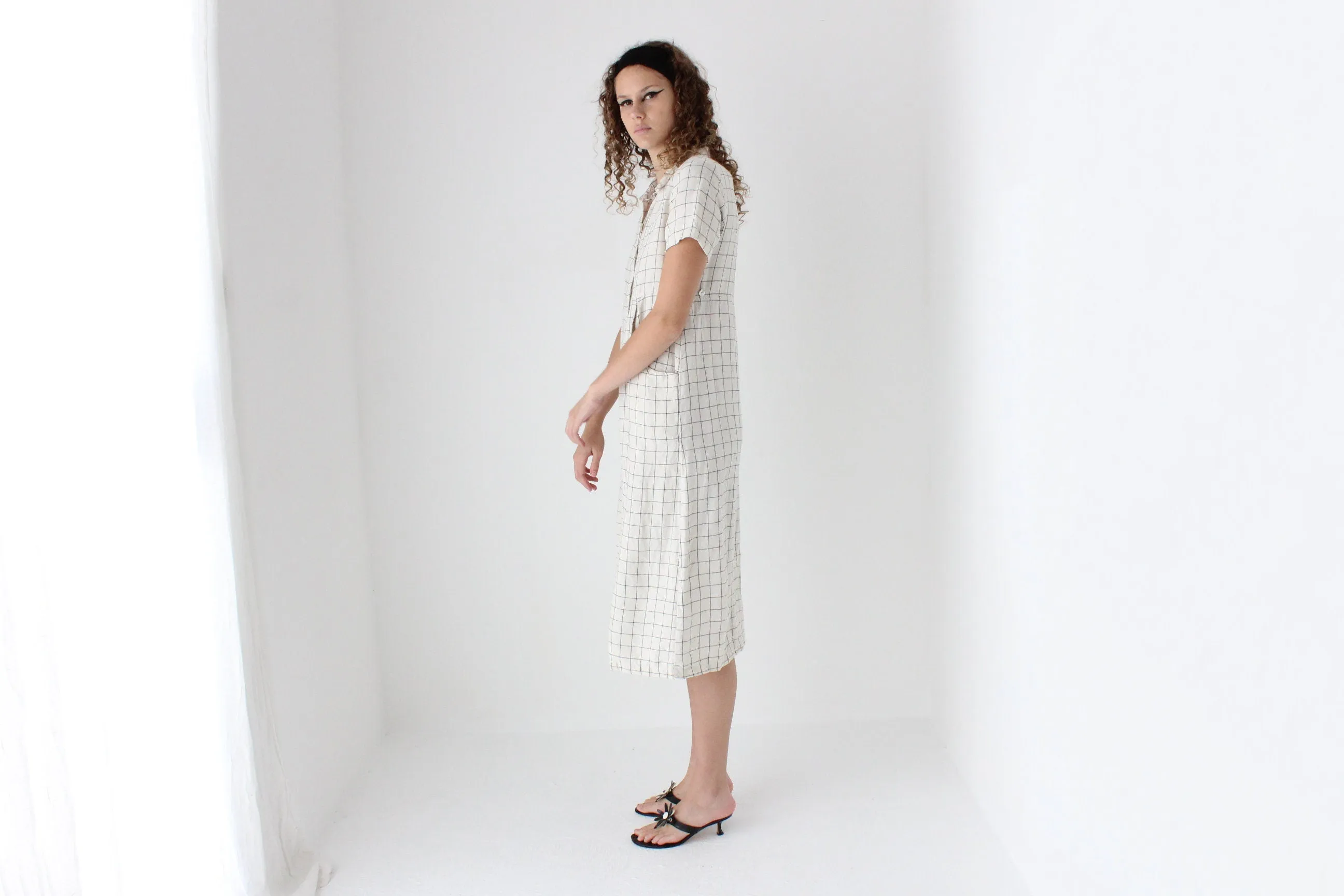 90s Pure Linen Grid Check Relaxed Button Front Dress