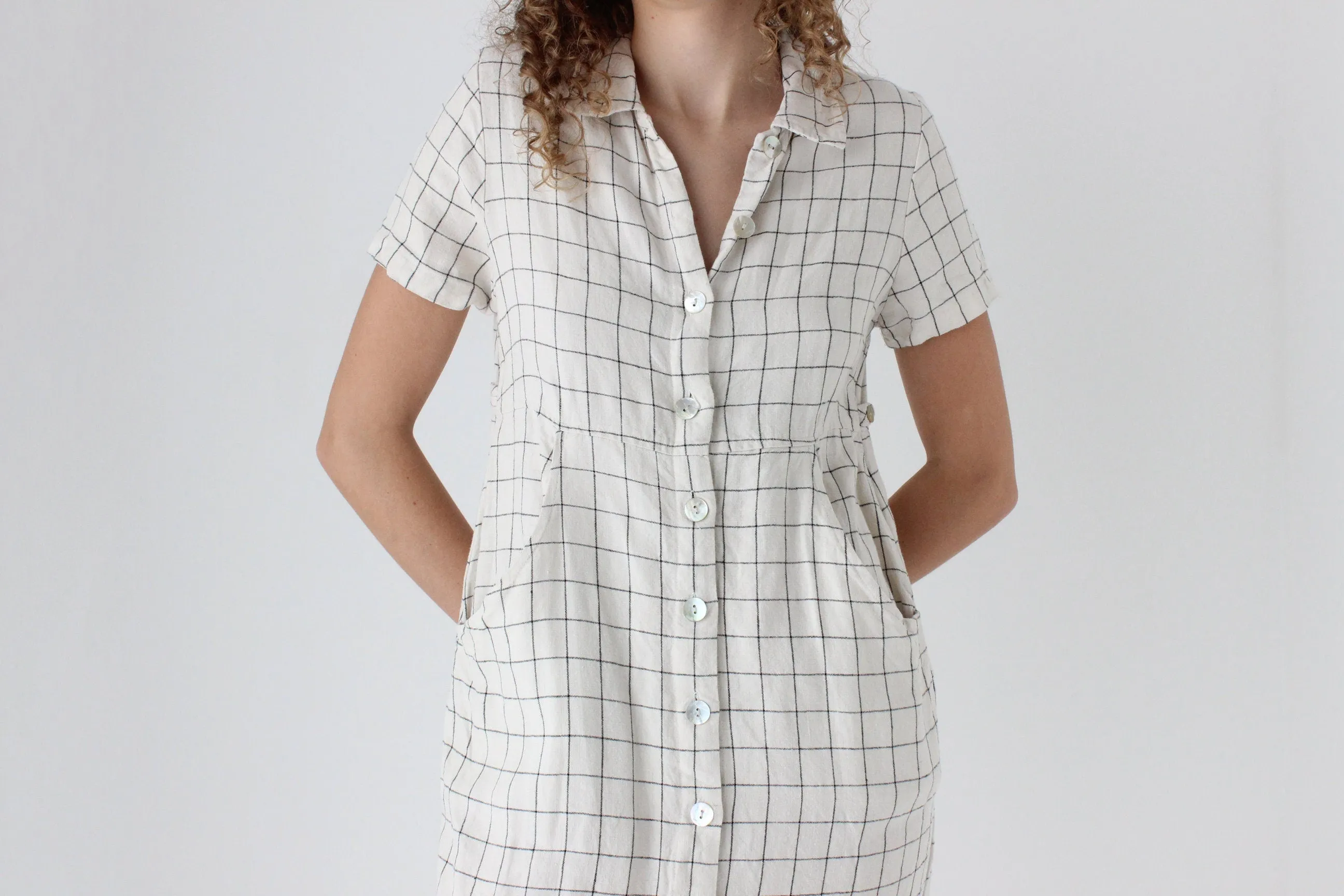 90s Pure Linen Grid Check Relaxed Button Front Dress