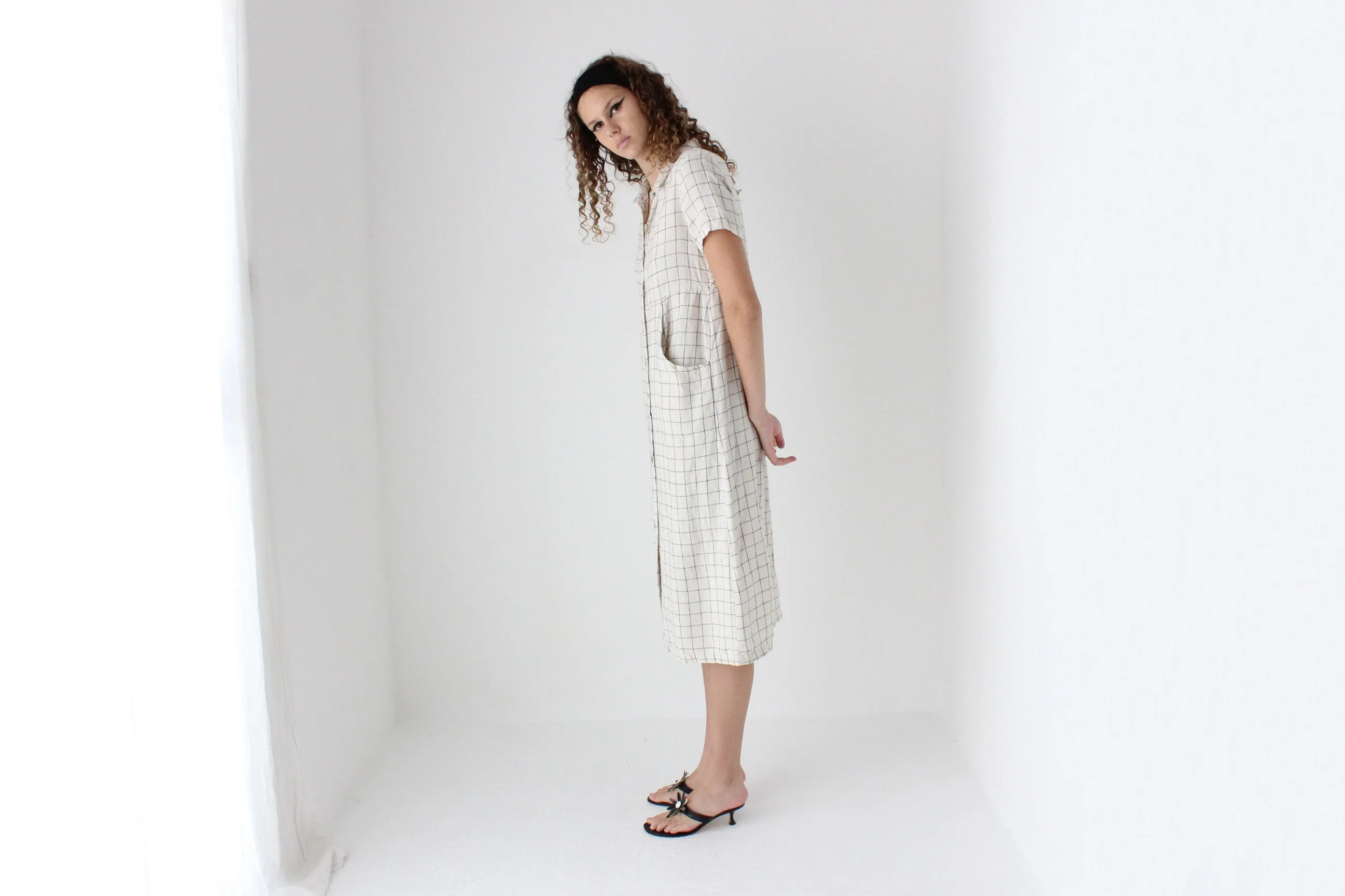 90s Pure Linen Grid Check Relaxed Button Front Dress