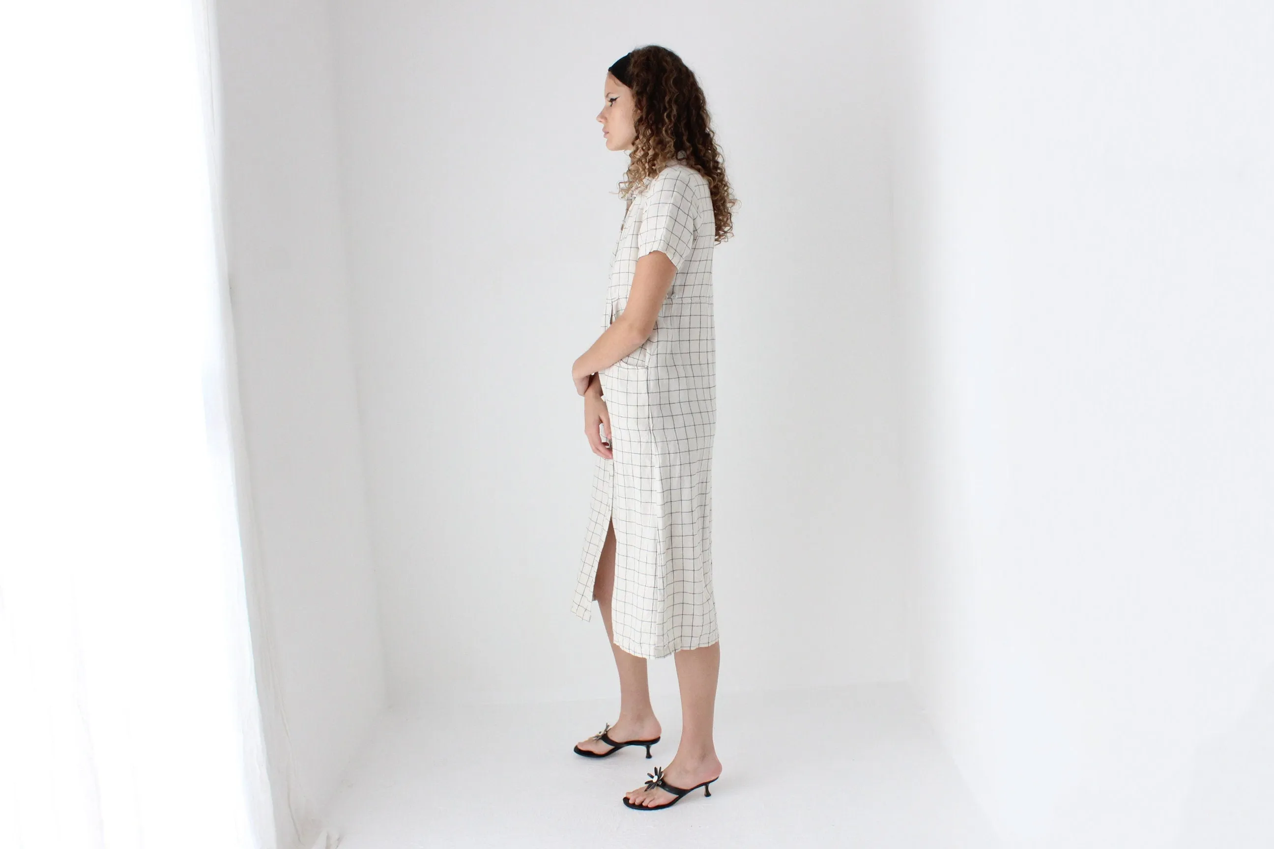 90s Pure Linen Grid Check Relaxed Button Front Dress