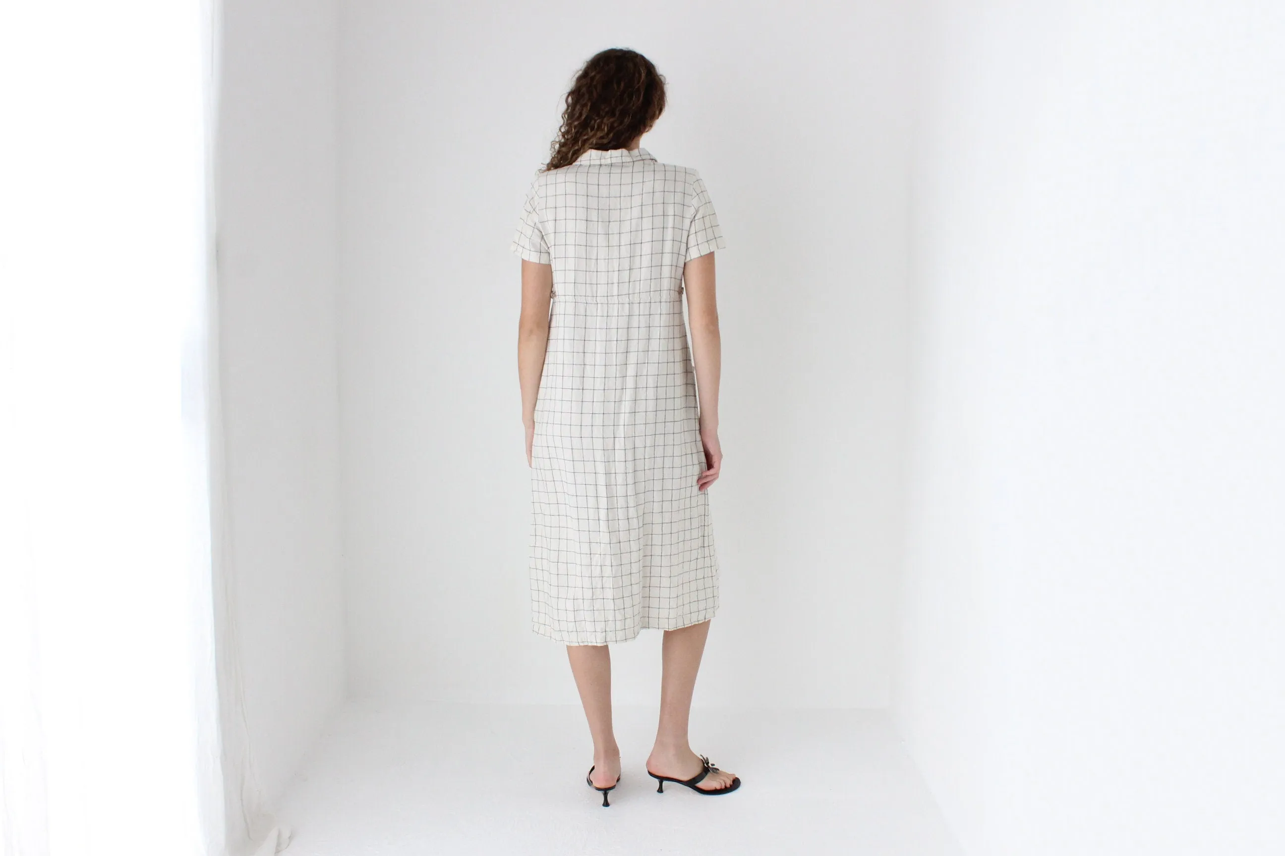 90s Pure Linen Grid Check Relaxed Button Front Dress