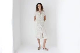 90s Pure Linen Grid Check Relaxed Button Front Dress