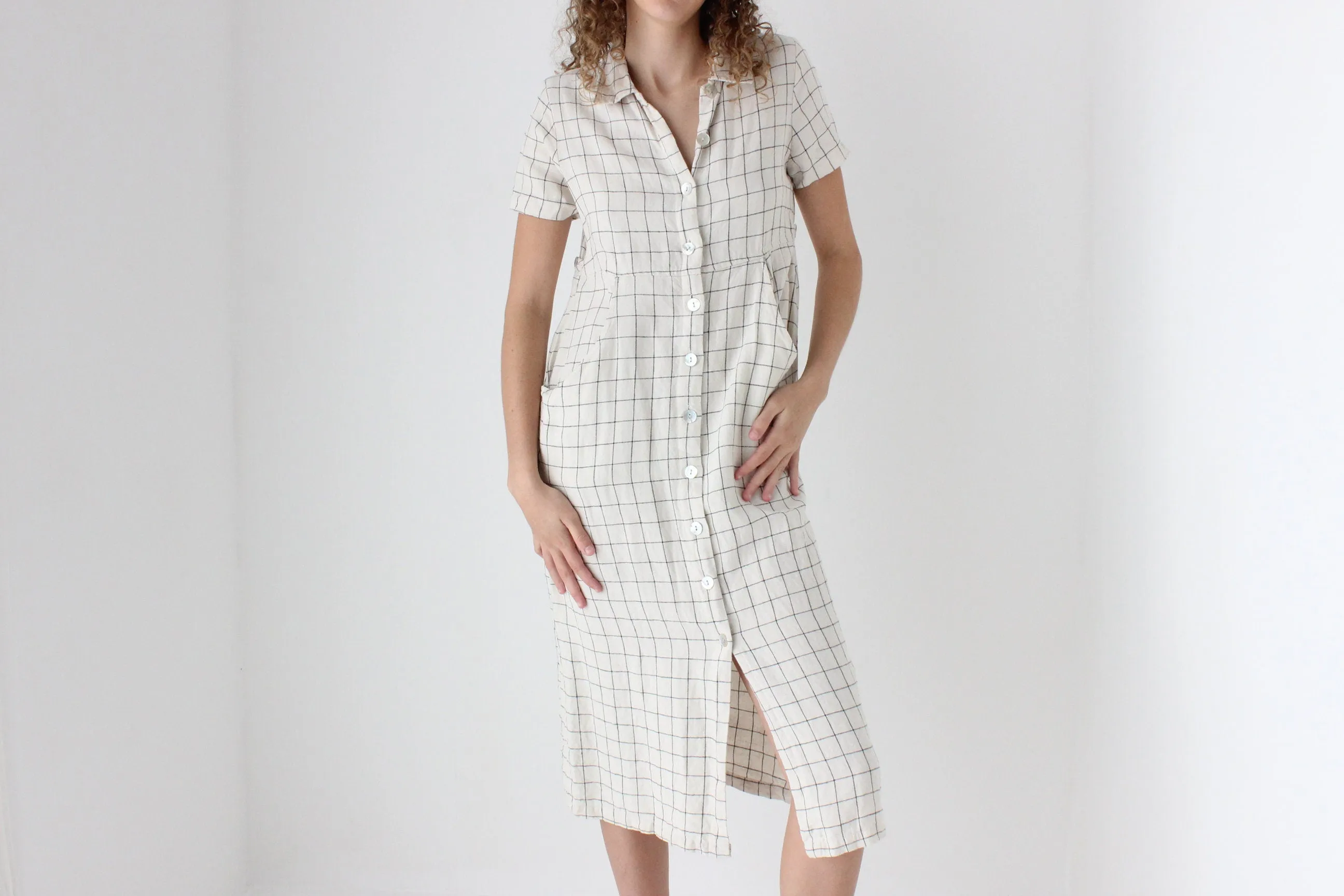 90s Pure Linen Grid Check Relaxed Button Front Dress