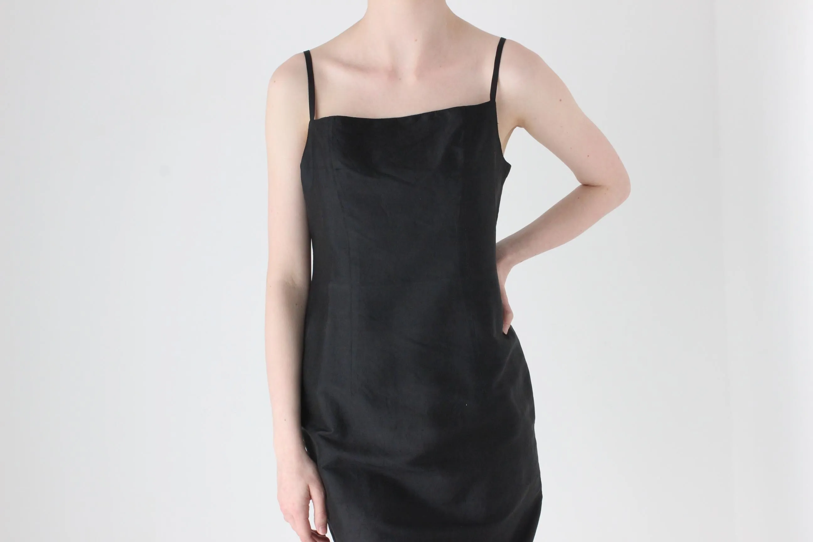 90s Pure Silk Minimal   Chic Straight Neck Black Sheath Dress