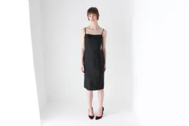 90s Pure Silk Minimal   Chic Straight Neck Black Sheath Dress