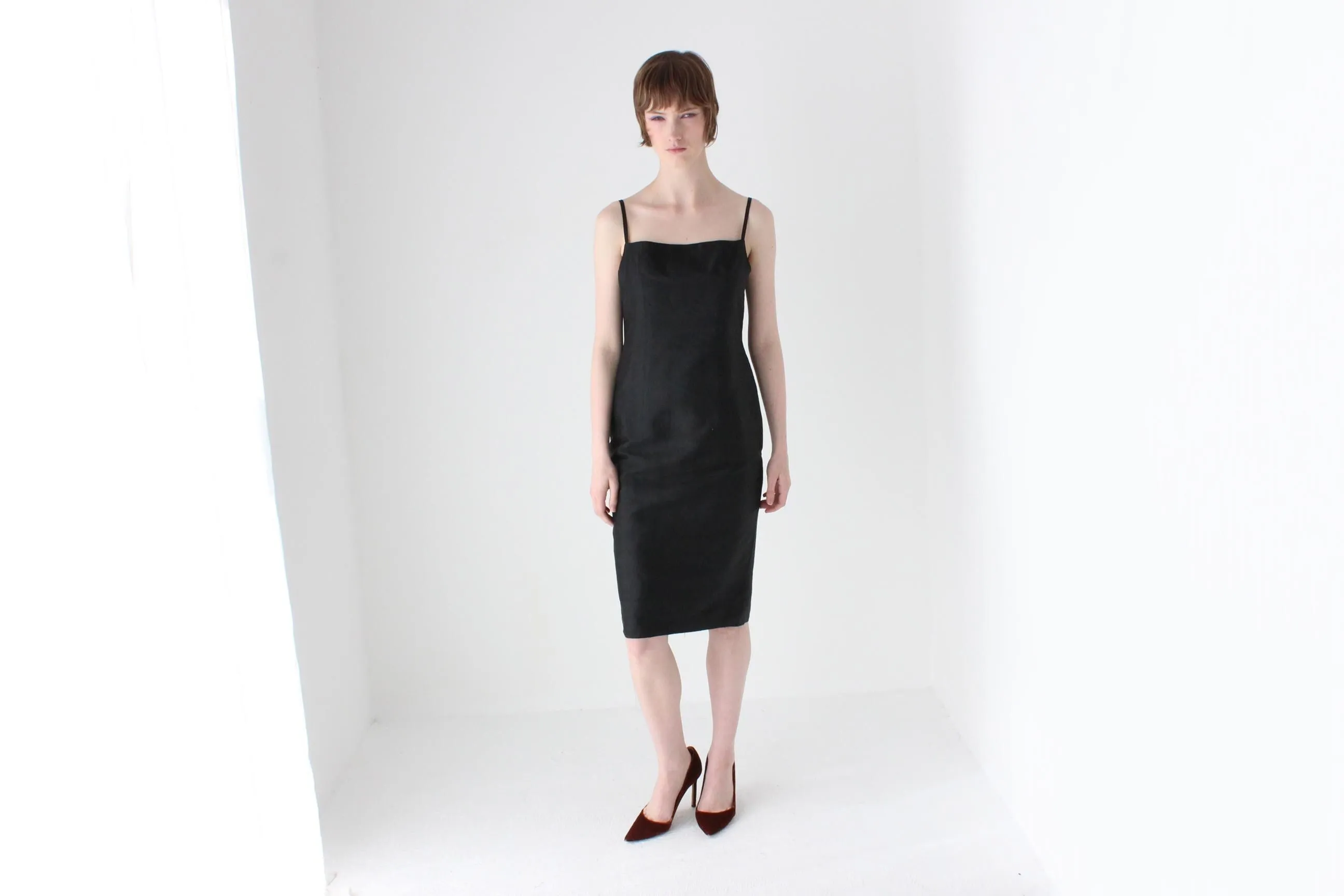 90s Pure Silk Minimal   Chic Straight Neck Black Sheath Dress