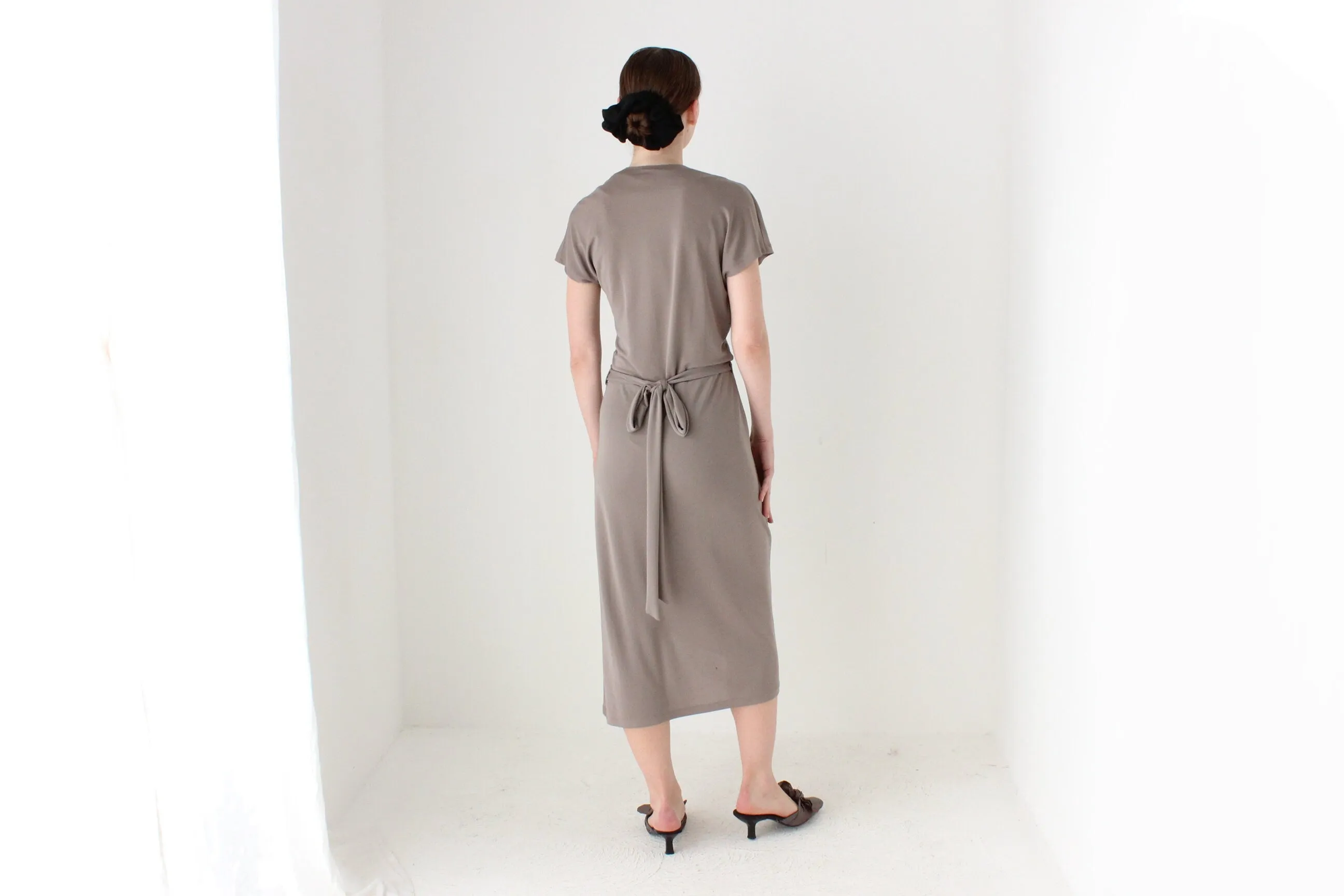 BALLETCORE 90s Neutral Taupe Plunge Wrap Dress