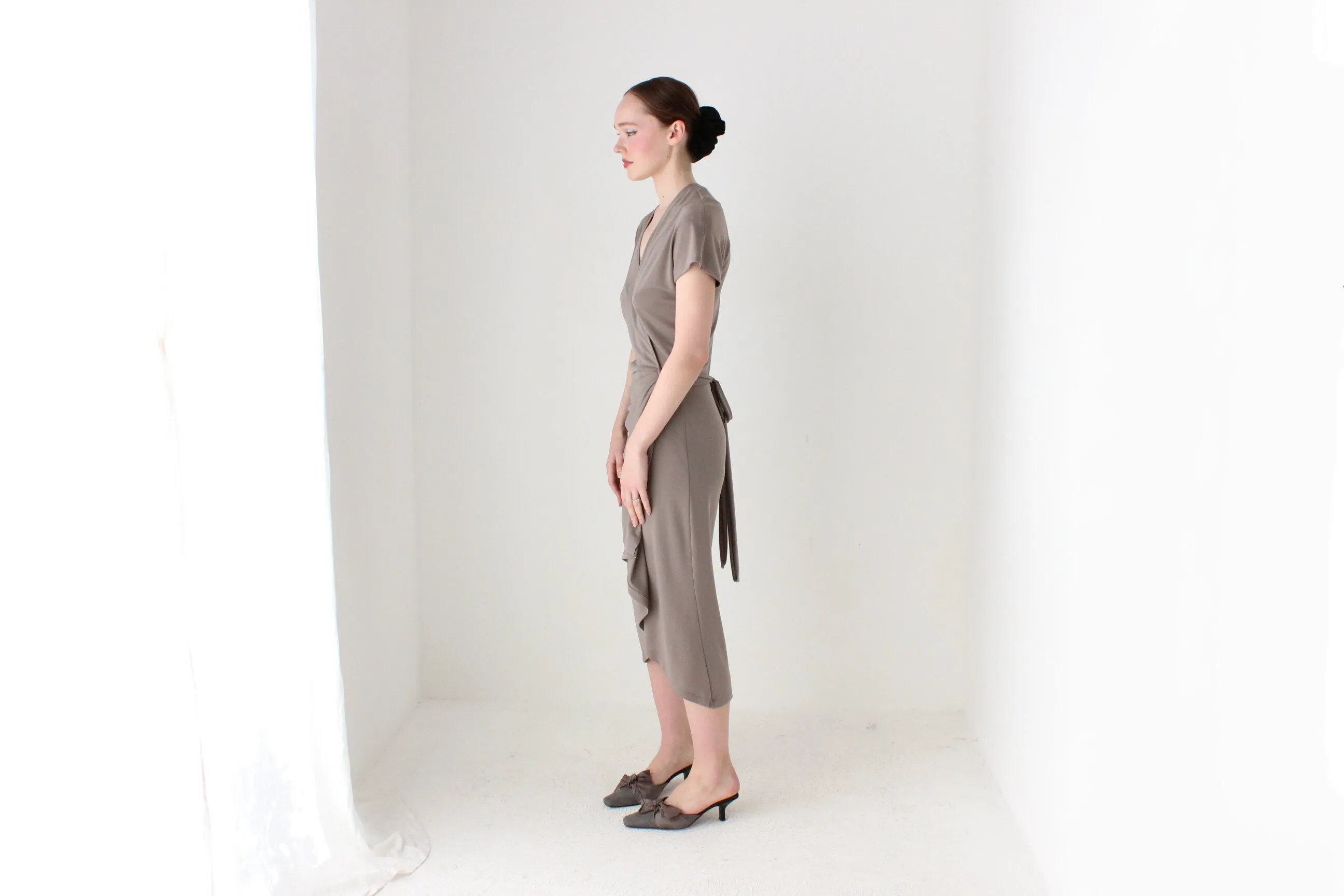 BALLETCORE 90s Neutral Taupe Plunge Wrap Dress