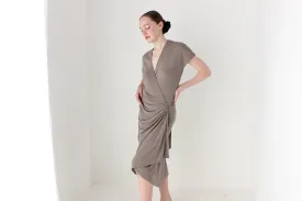 BALLETCORE 90s Neutral Taupe Plunge Wrap Dress