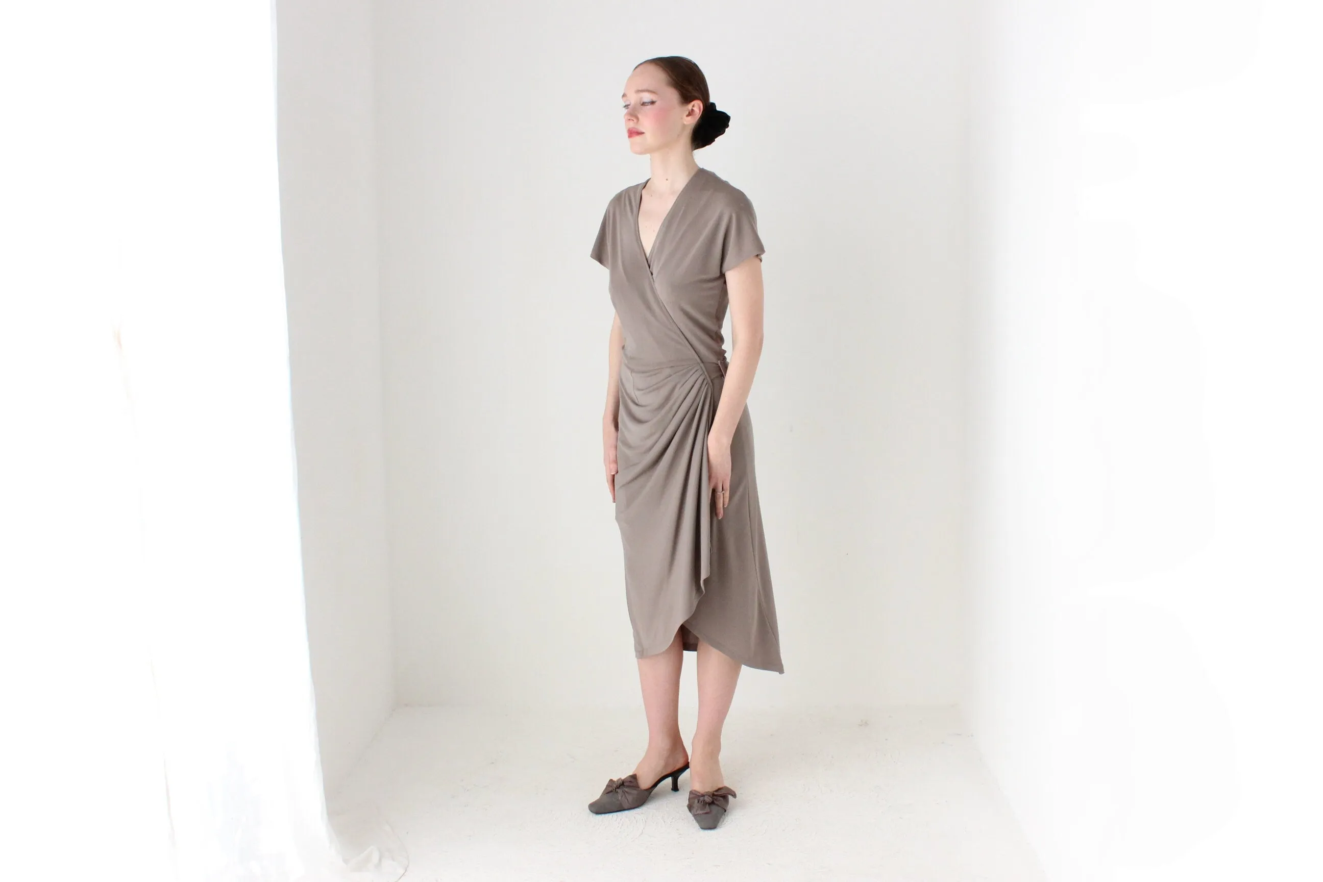 BALLETCORE 90s Neutral Taupe Plunge Wrap Dress