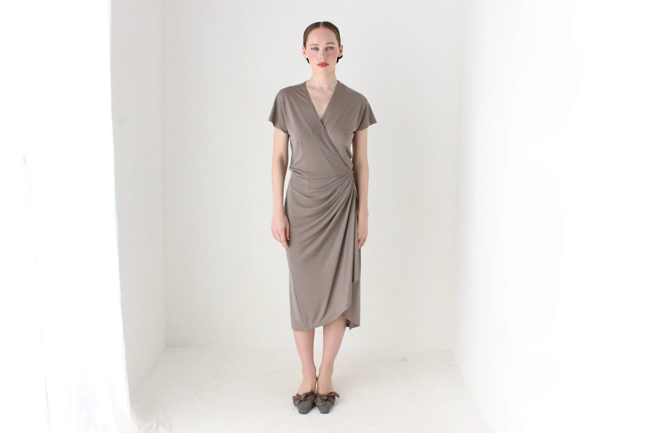 BALLETCORE 90s Neutral Taupe Plunge Wrap Dress