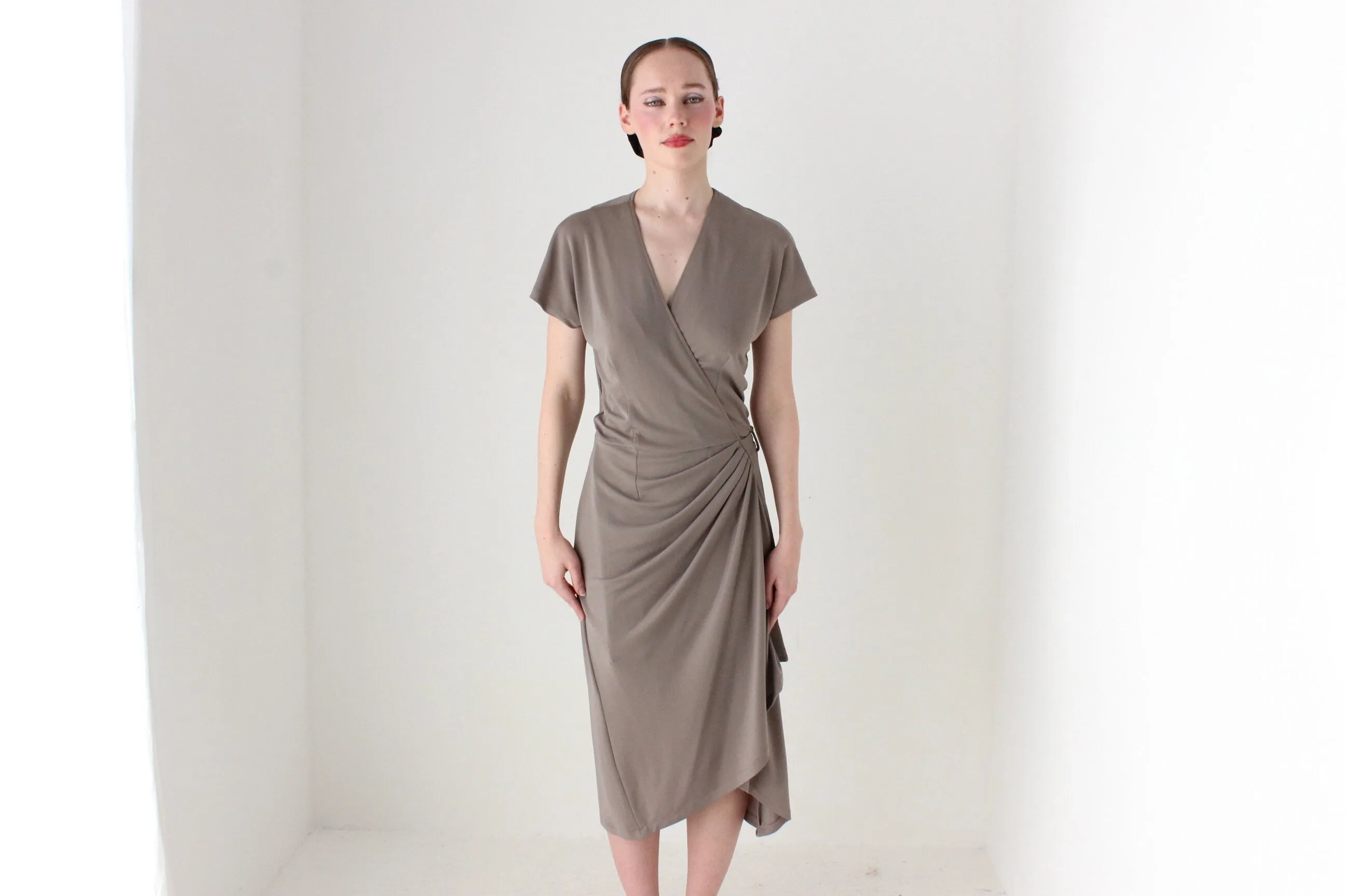 BALLETCORE 90s Neutral Taupe Plunge Wrap Dress