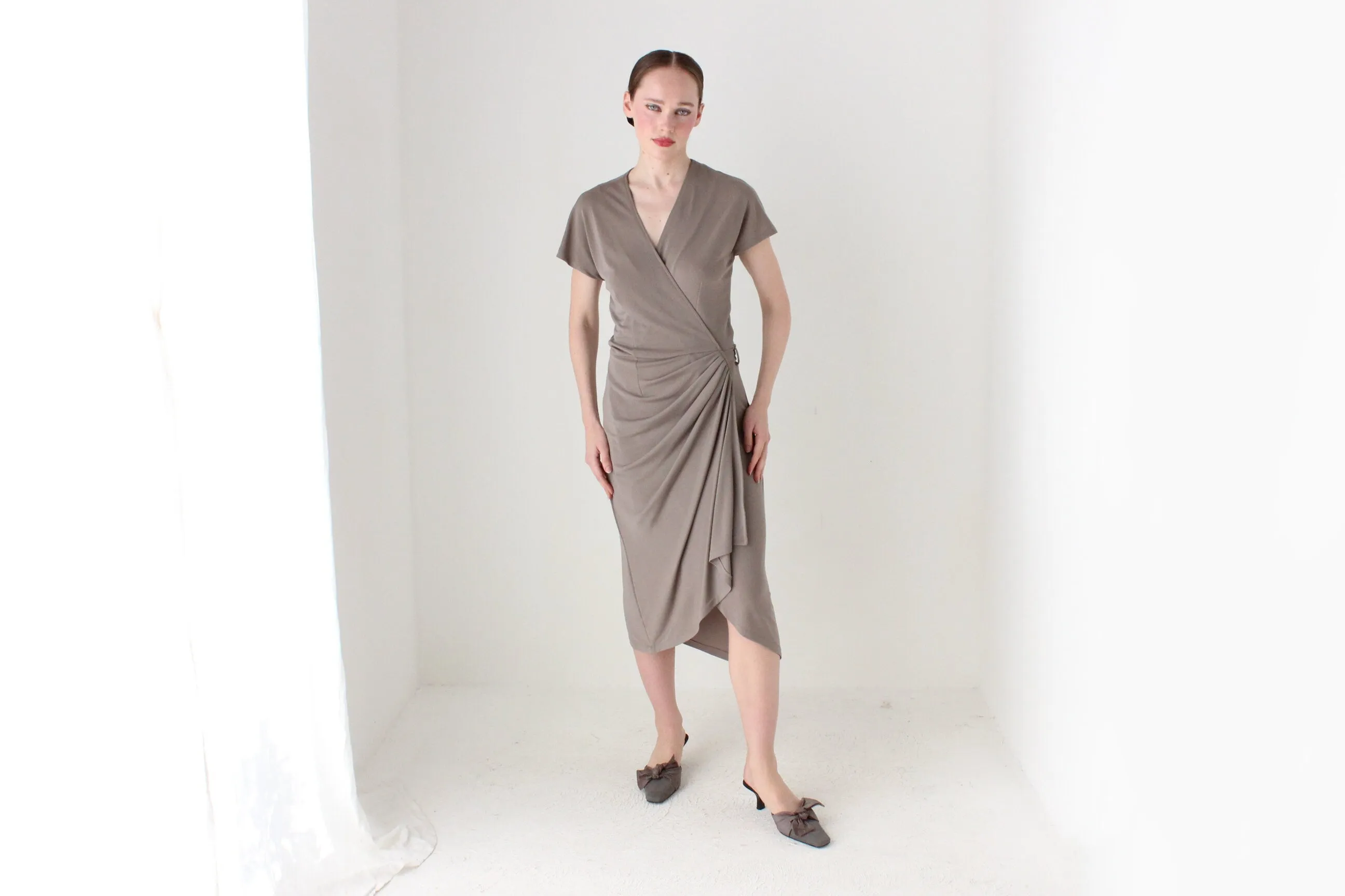 BALLETCORE 90s Neutral Taupe Plunge Wrap Dress