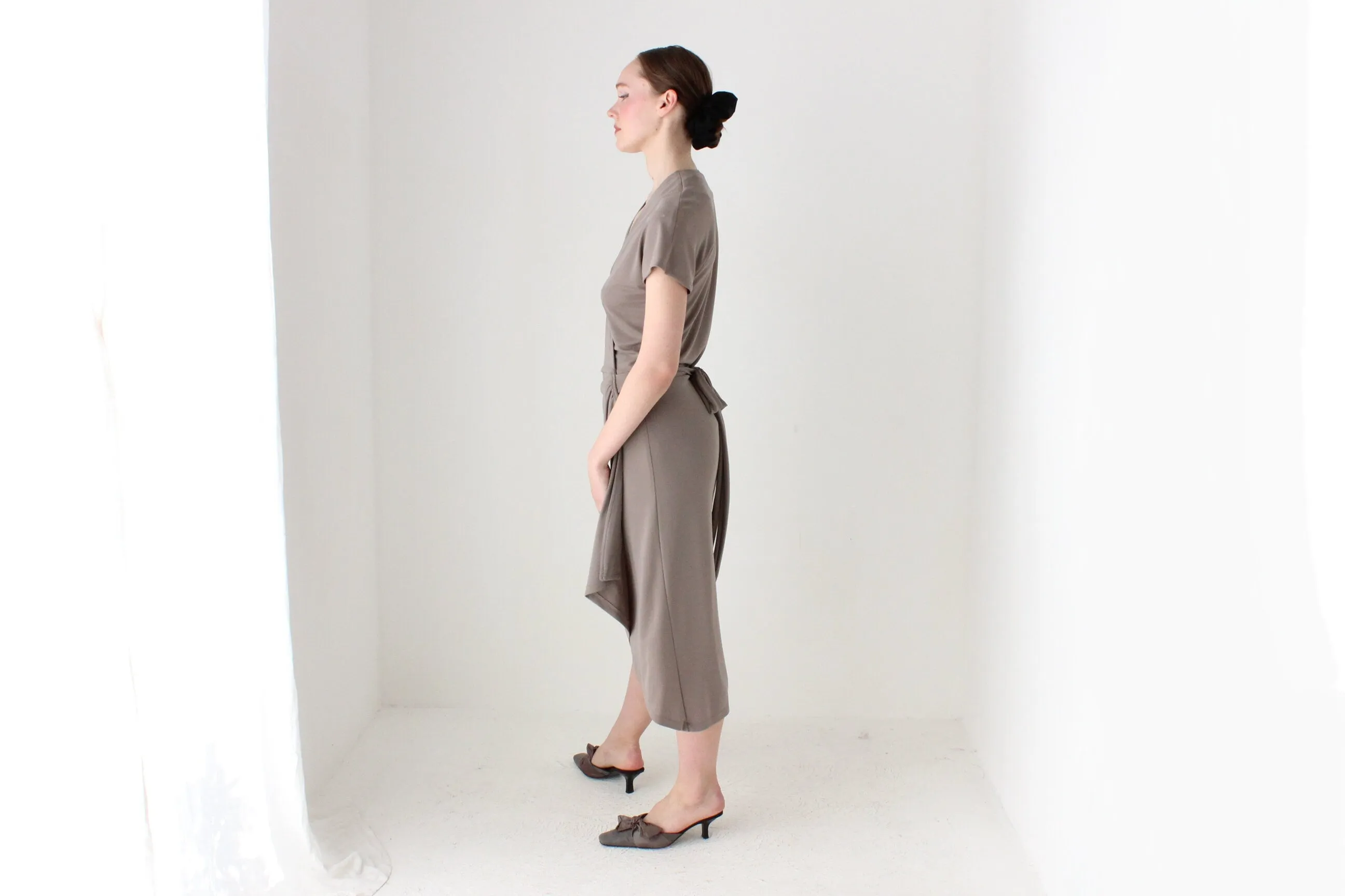 BALLETCORE 90s Neutral Taupe Plunge Wrap Dress