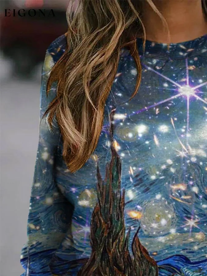 Casual Crew Neck Oil Painting & Space Image Print T-Shirt