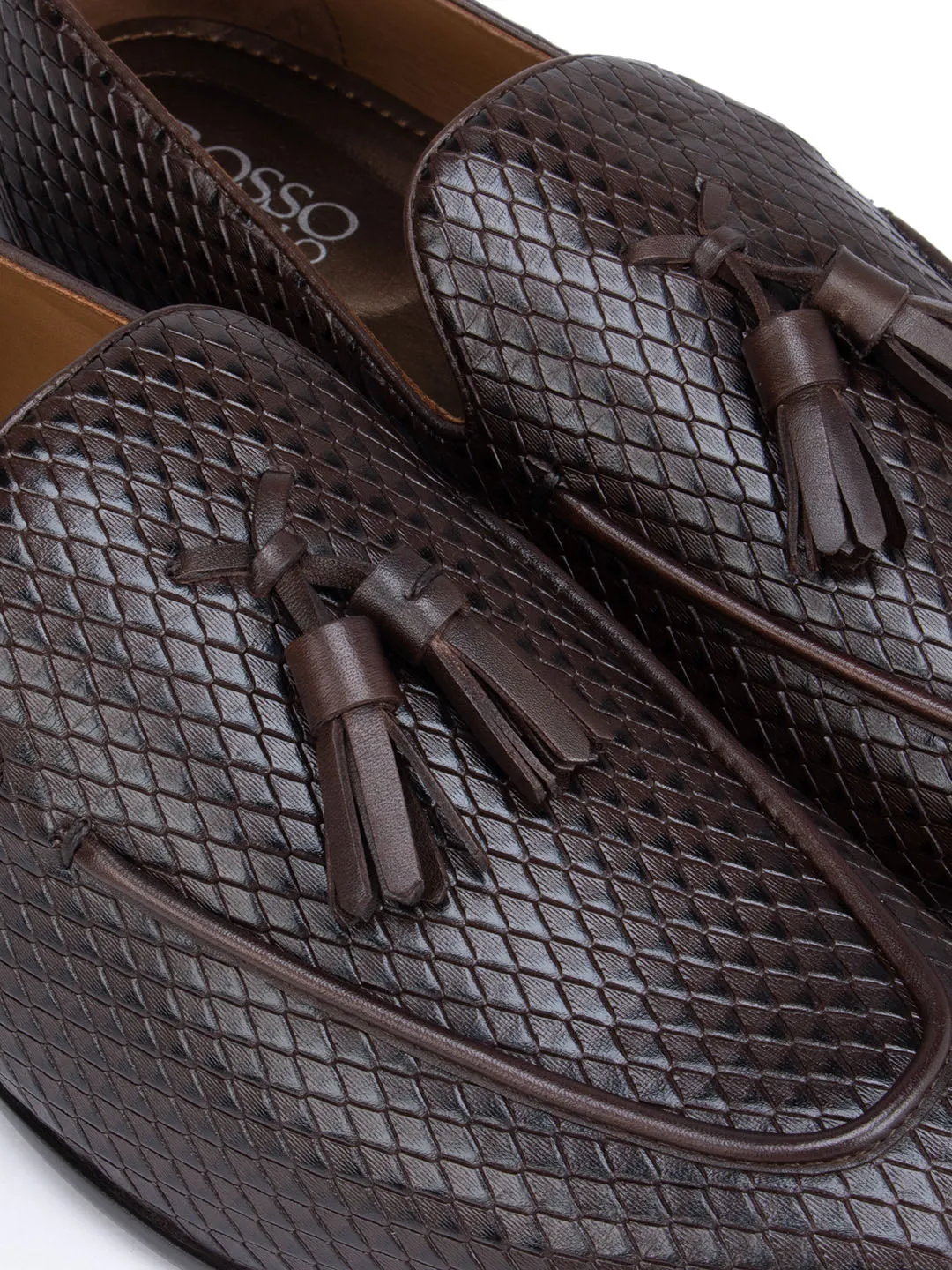 Coffee Textured Loafers With Tassels