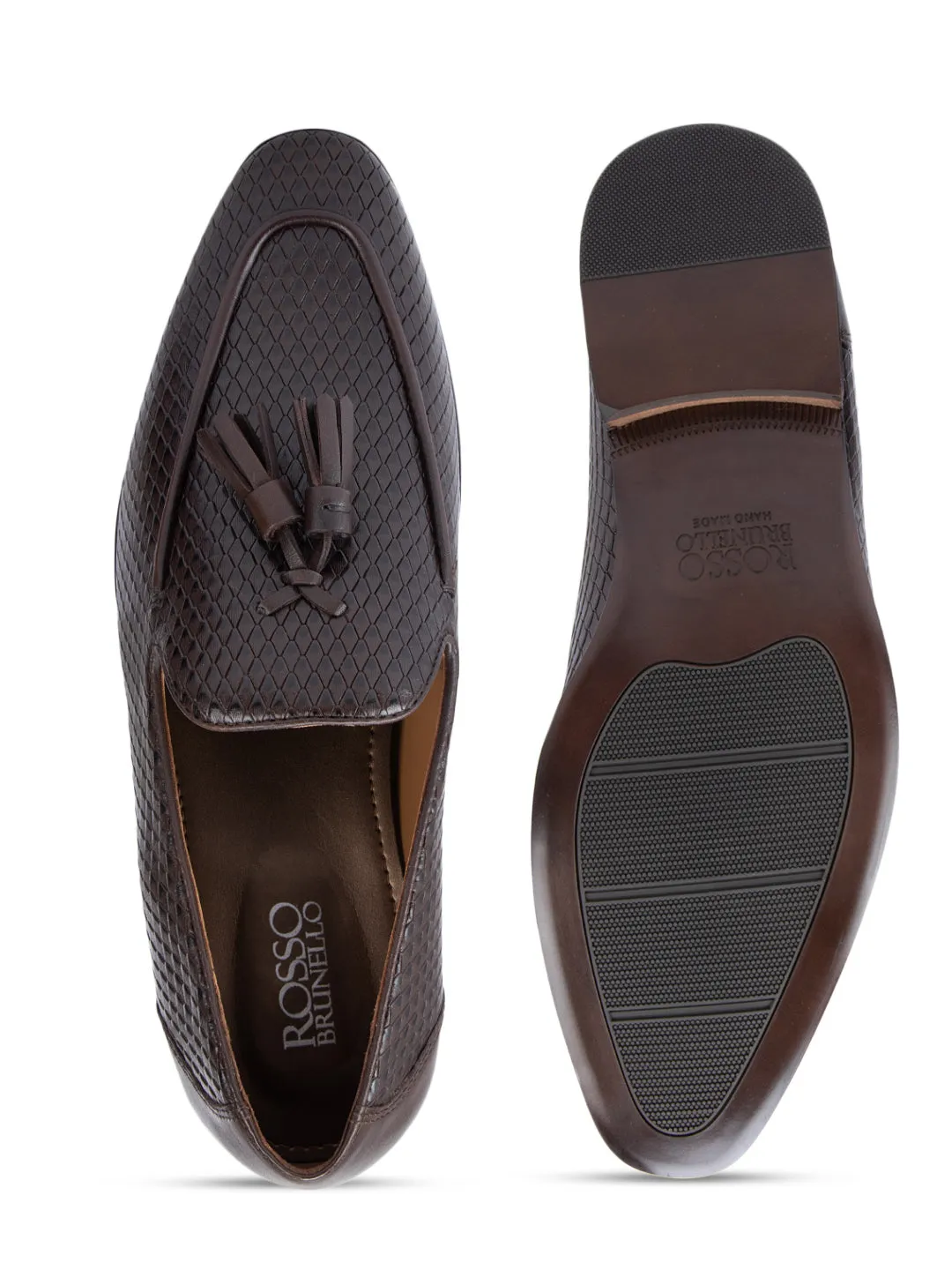 Coffee Textured Loafers With Tassels