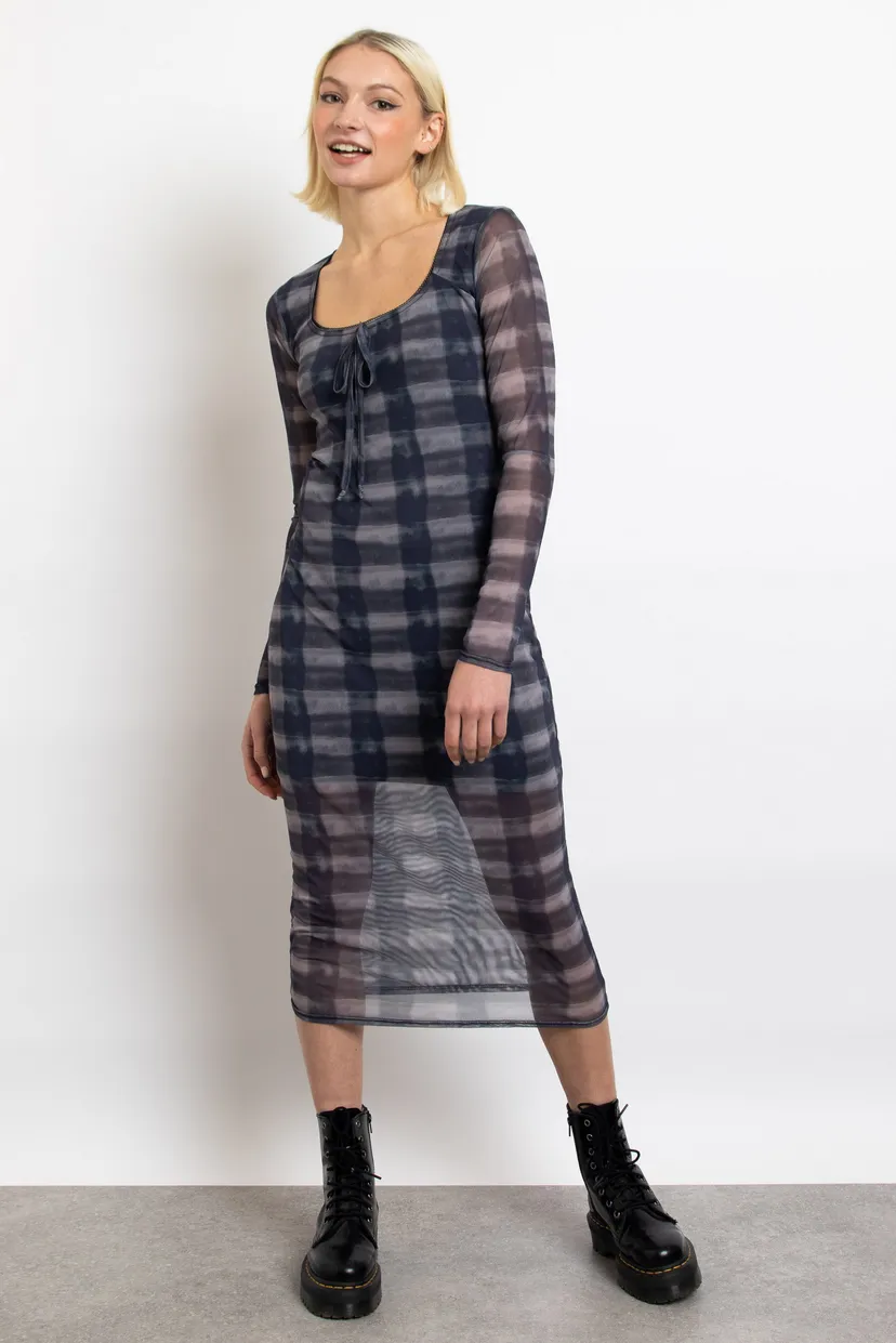 Dark Check Grunge Mesh Long Sleeve Midi Dress