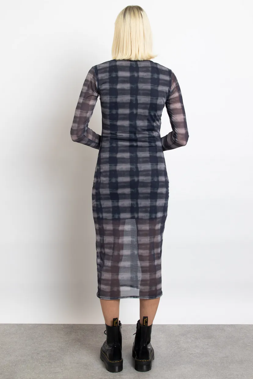 Dark Check Grunge Mesh Long Sleeve Midi Dress