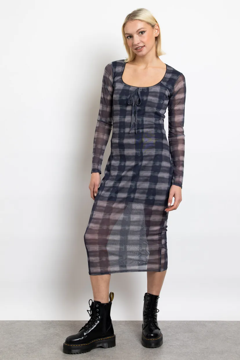 Dark Check Grunge Mesh Long Sleeve Midi Dress
