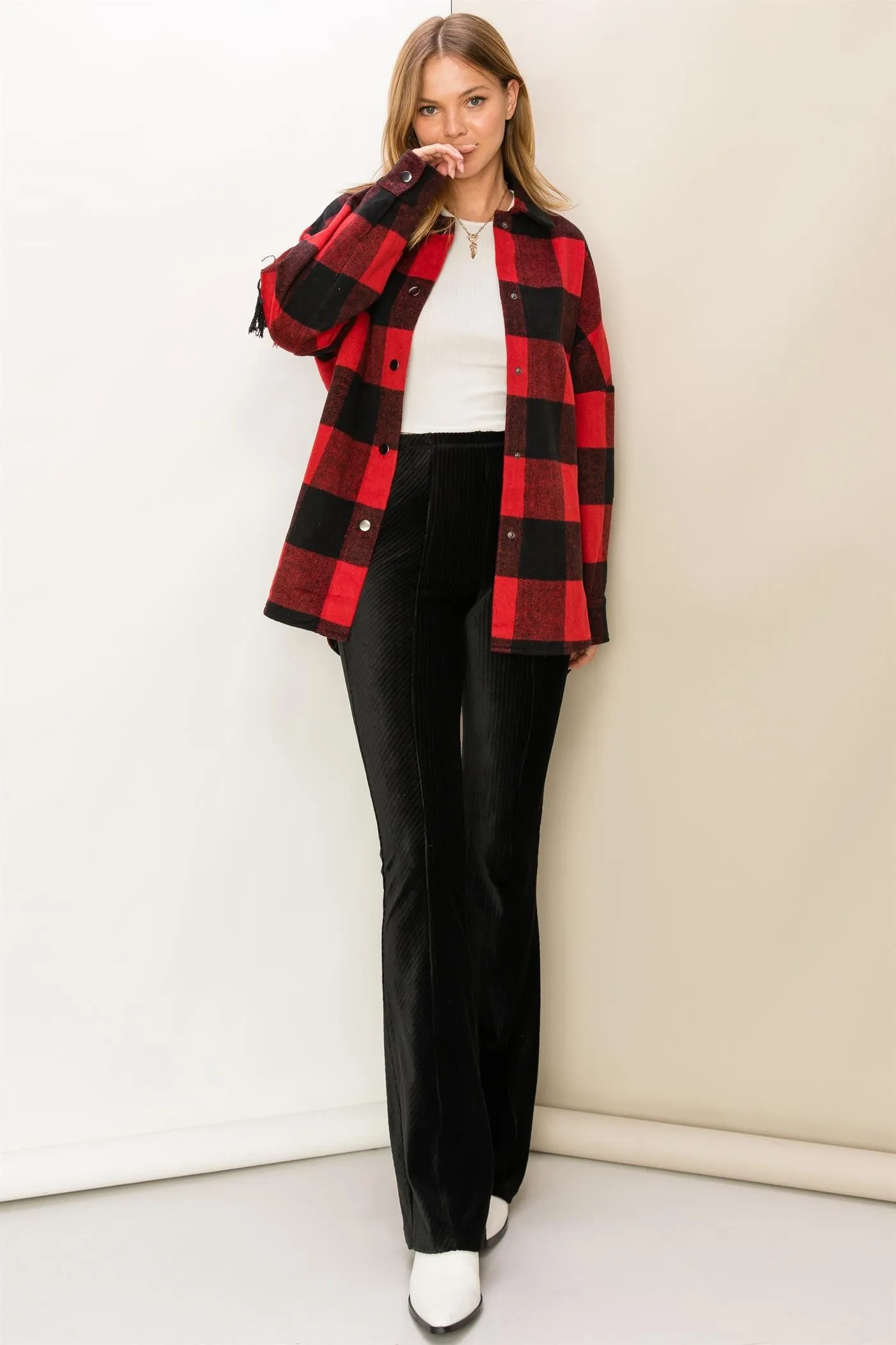 Give Love Buffalo Plaid Fringe Shacket