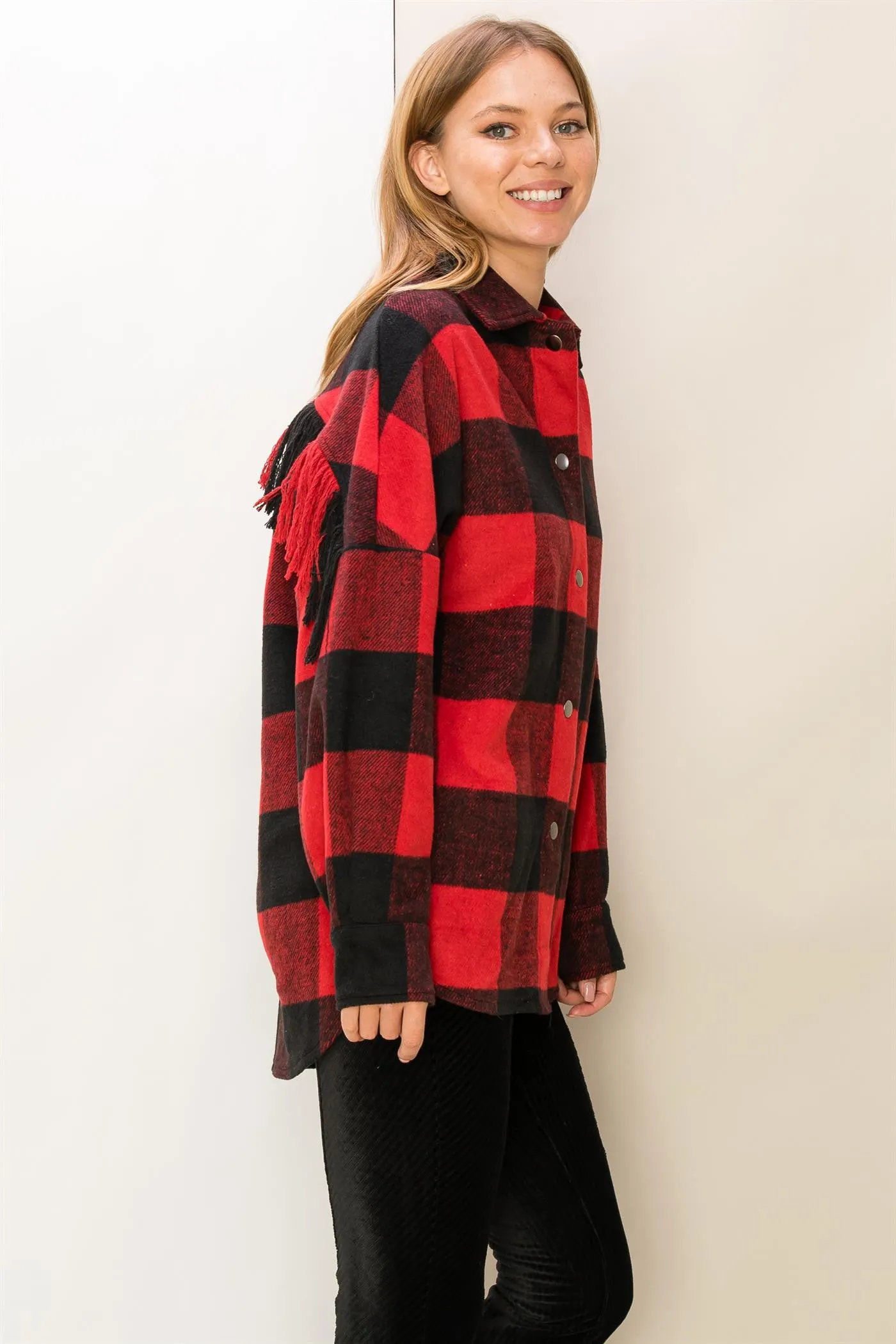 Give Love Buffalo Plaid Fringe Shacket