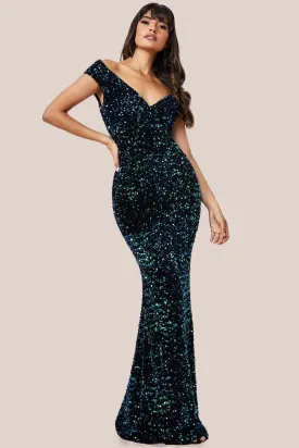 Goddiva Multi Sequin & Velvet Bardot Maxi Dress