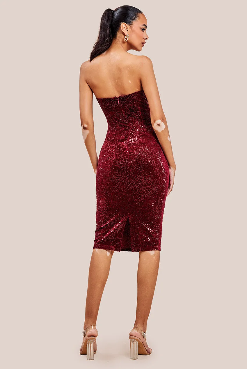 Goddiva Patterned Sequin Velvet Bandeau Midi Dress