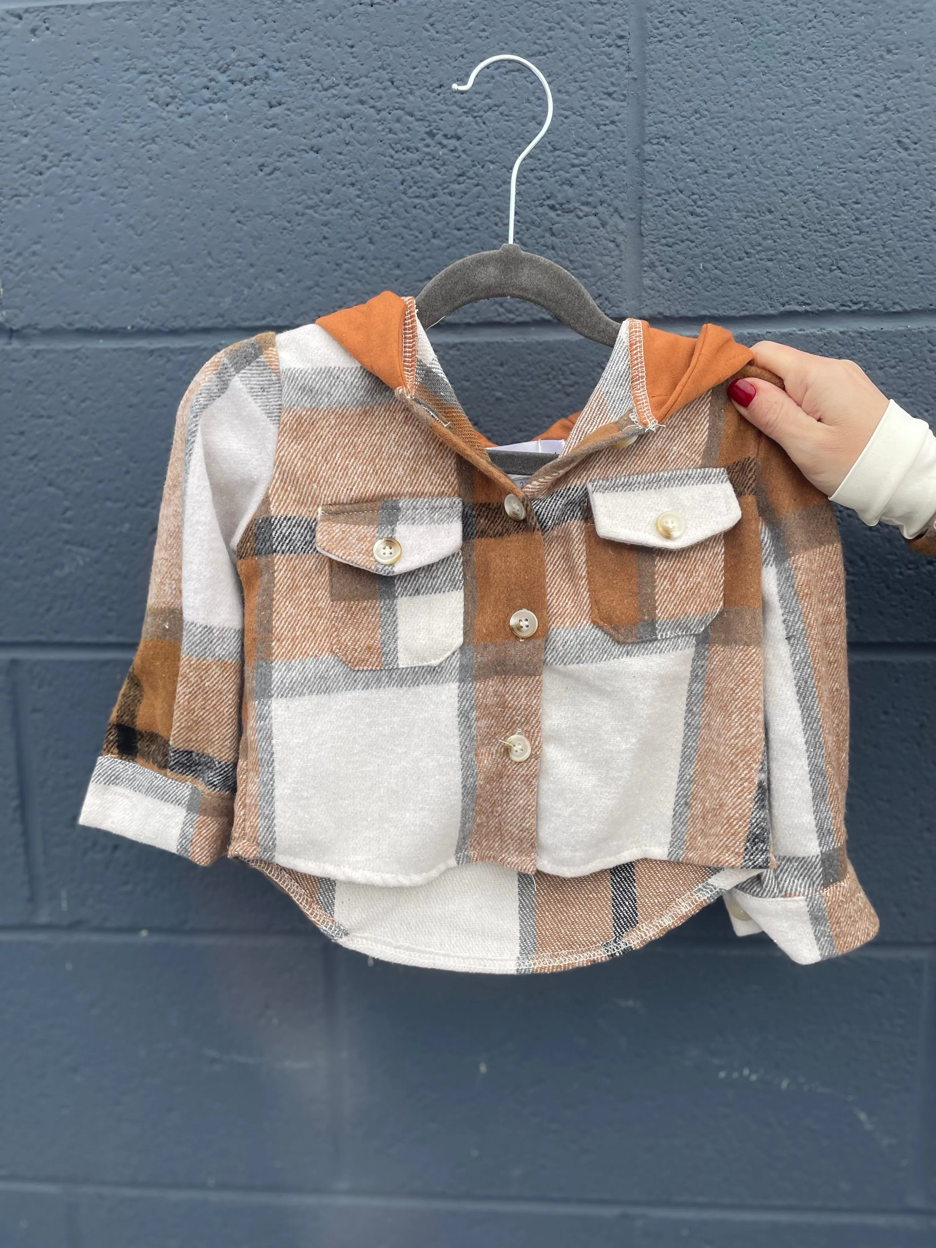 Hooded Brown & Gray Flannel Shacket