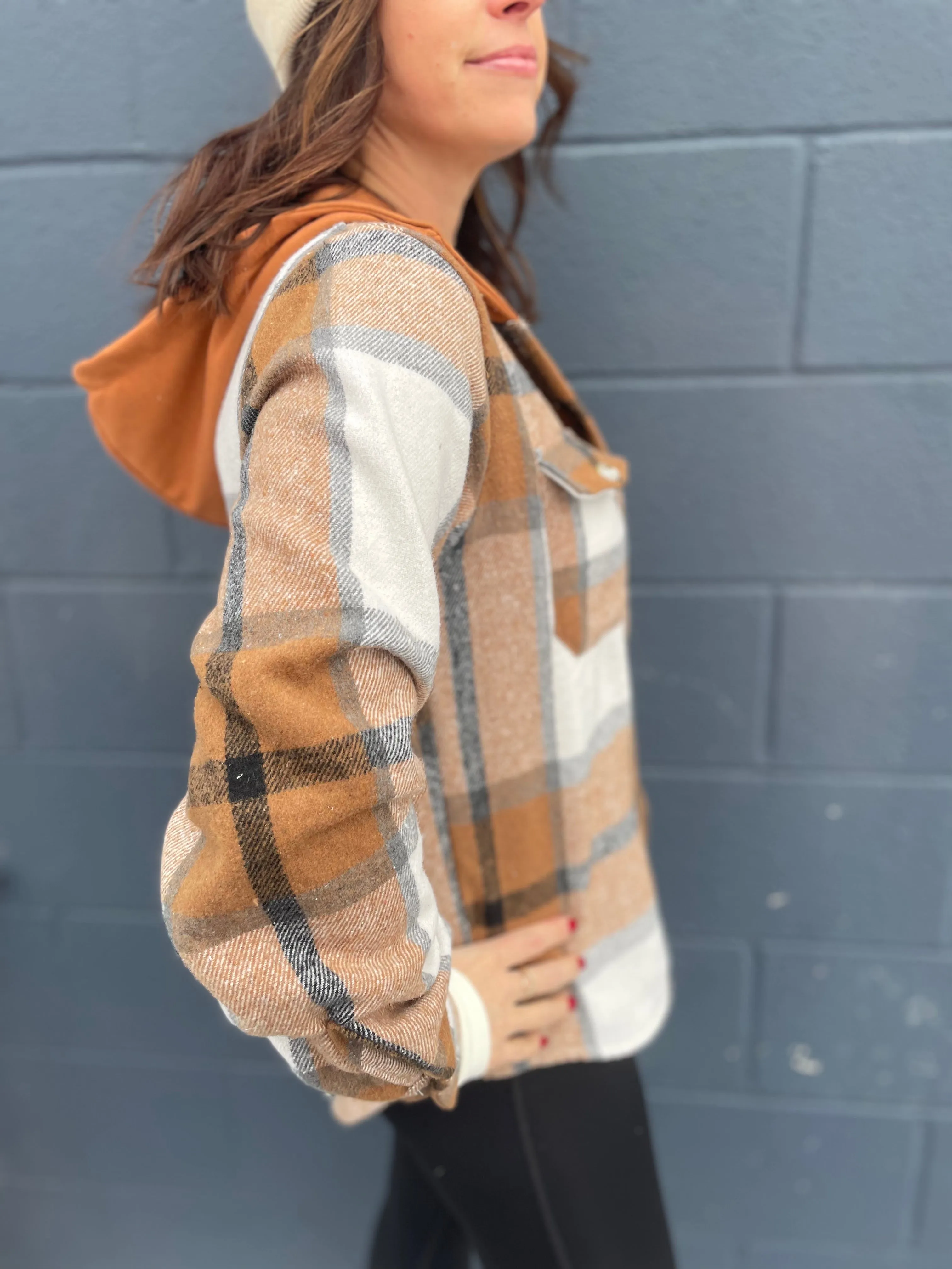 Hooded Brown & Gray Flannel Shacket