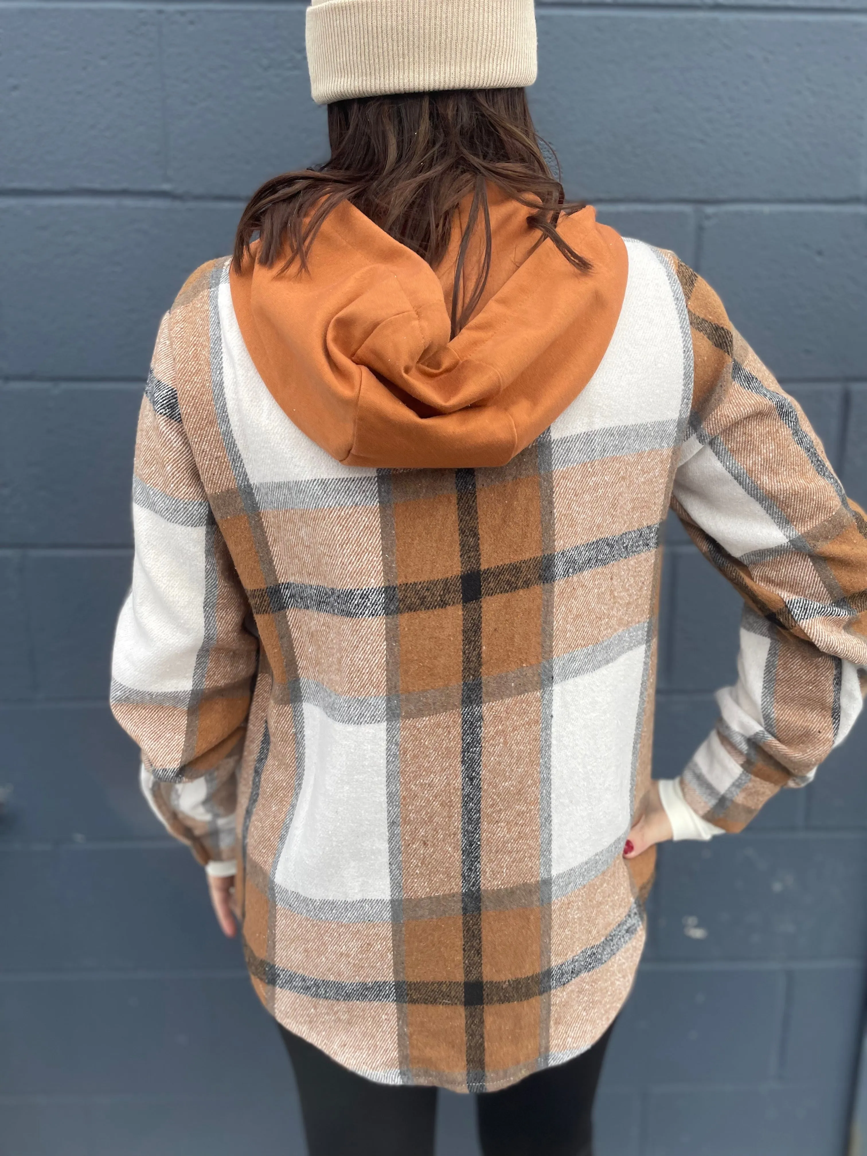 Hooded Brown & Gray Flannel Shacket