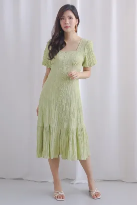 Kylo Texture Puffy Sleeve Buttons Midi Dress In Tea Green