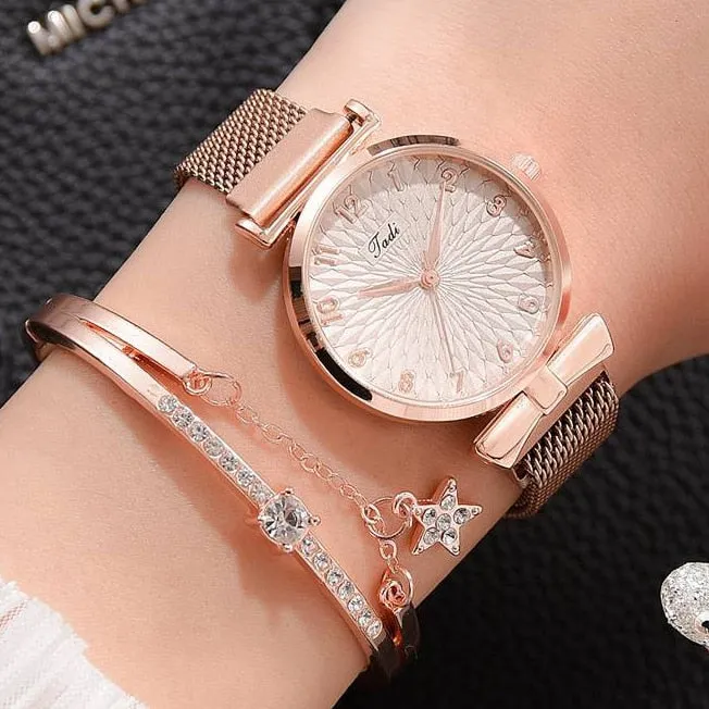 Milano Starlight Quartz Magnet Watch Bracelet with Rhinestone Edge