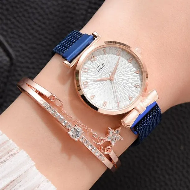 Milano Starlight Quartz Magnet Watch Bracelet with Rhinestone Edge