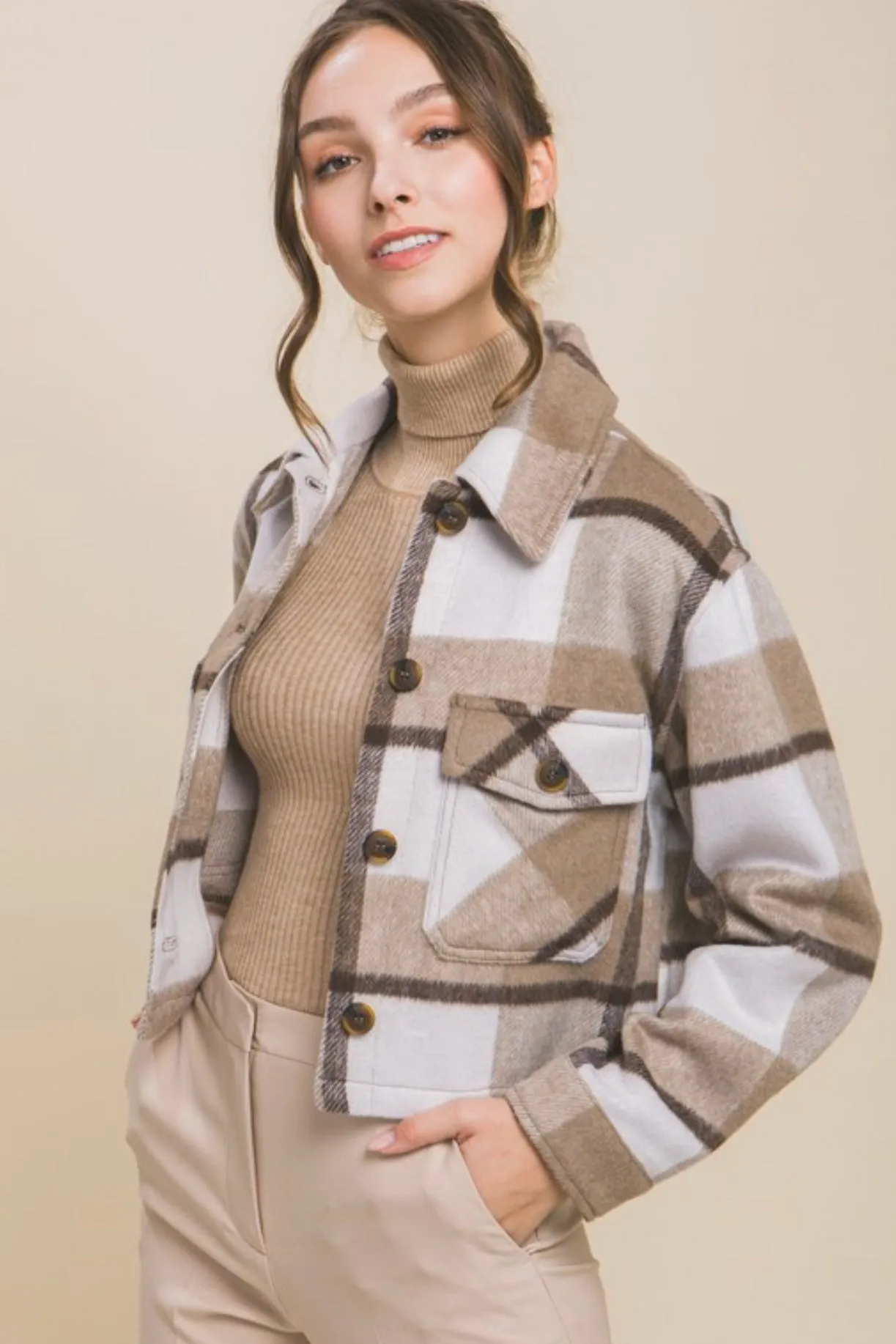 Mocha Plaid Cropped Shacket - FINAL SALE