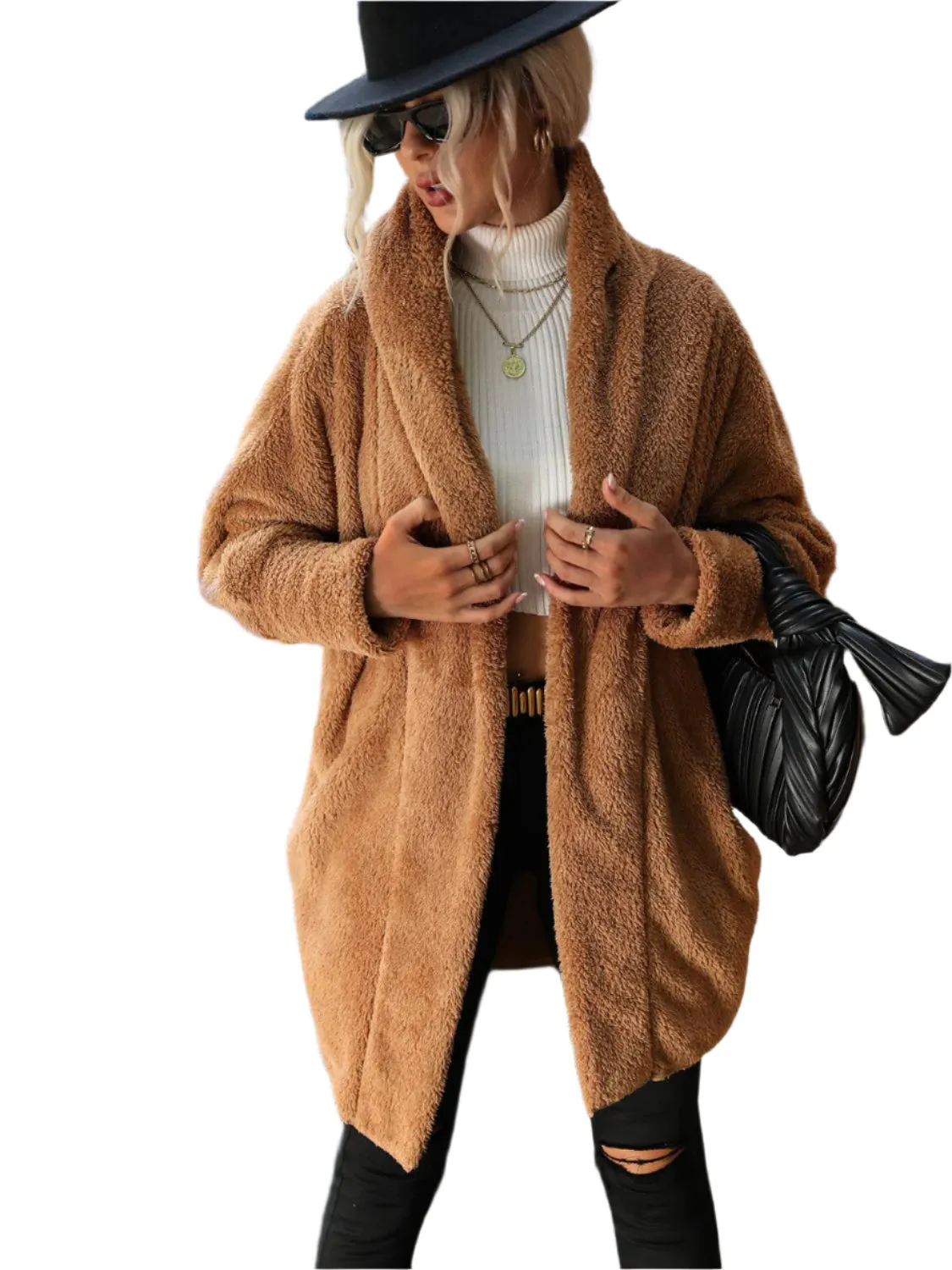 Open Front Hooded Teddy Coat