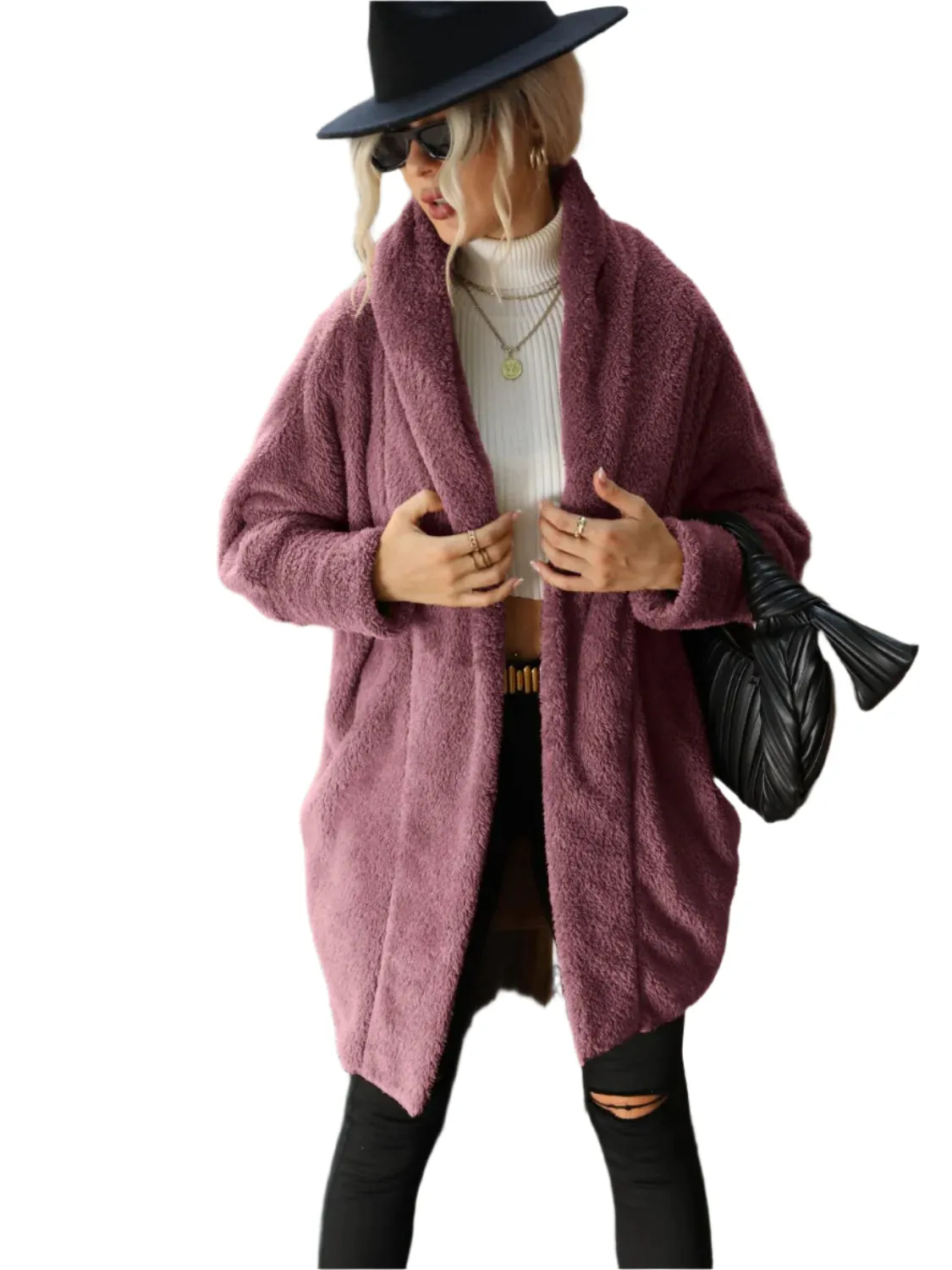 Open Front Hooded Teddy Coat