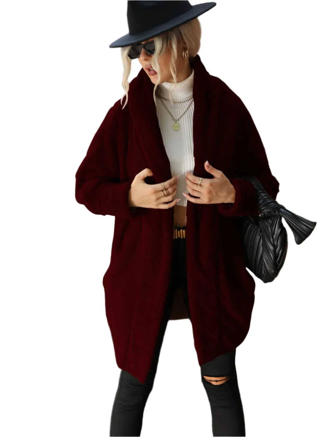 Open Front Hooded Teddy Coat