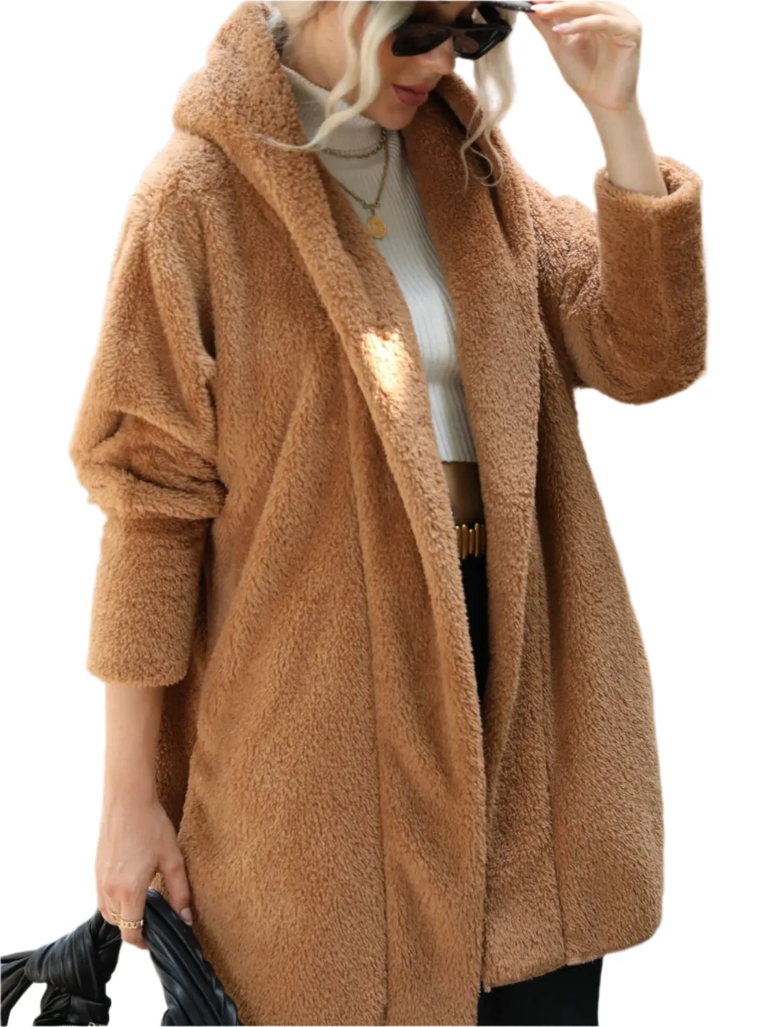 Open Front Hooded Teddy Coat