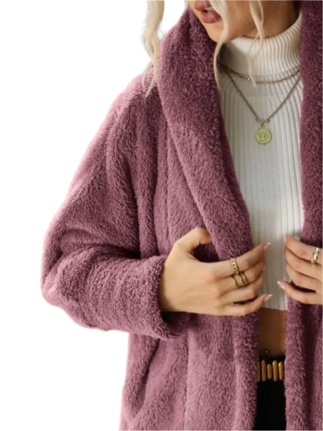 Open Front Hooded Teddy Coat