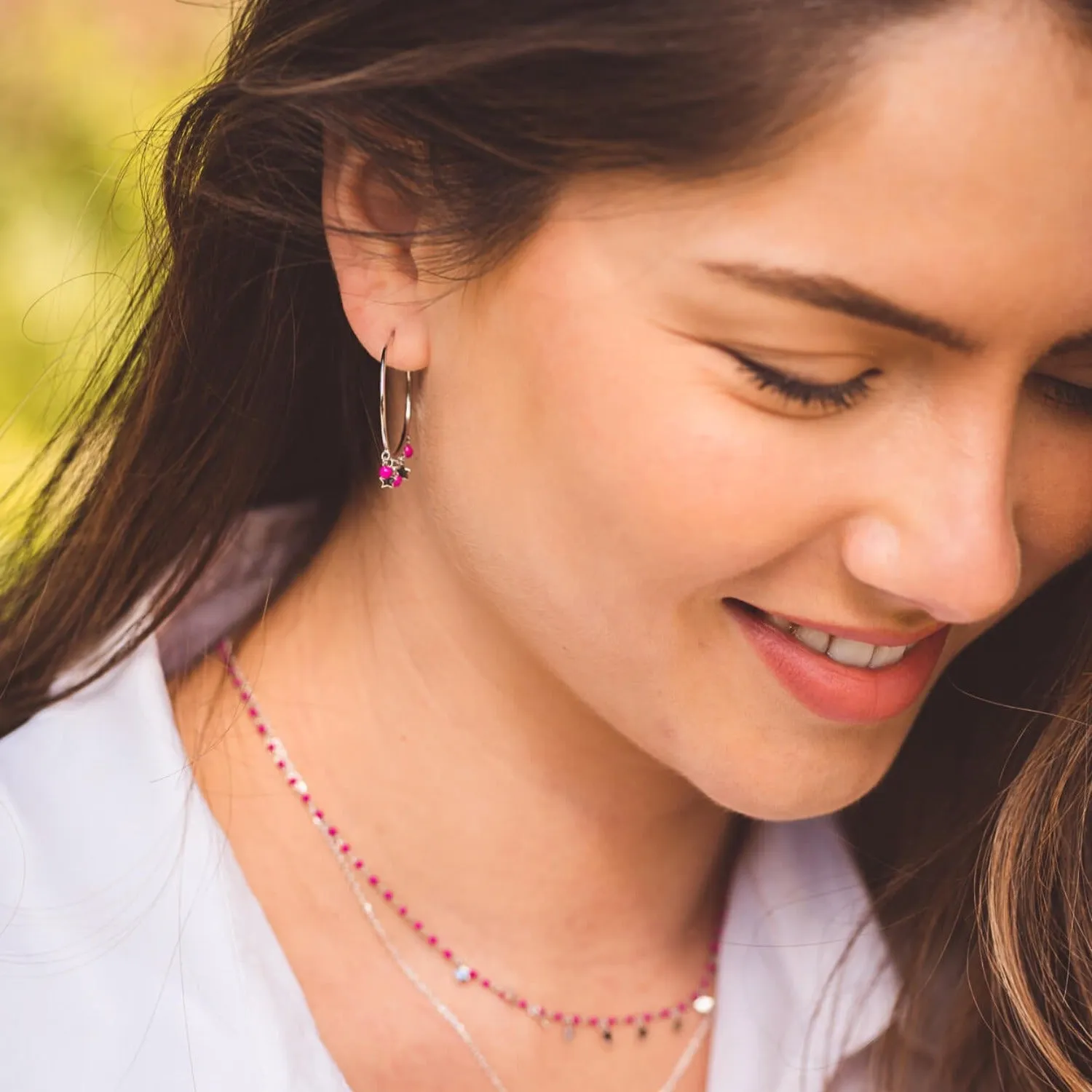 Pink Starry Sterling Silver Hoop Earrings