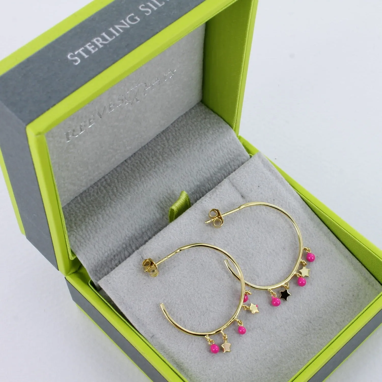 Pink Starry Sterling Silver Hoop Earrings