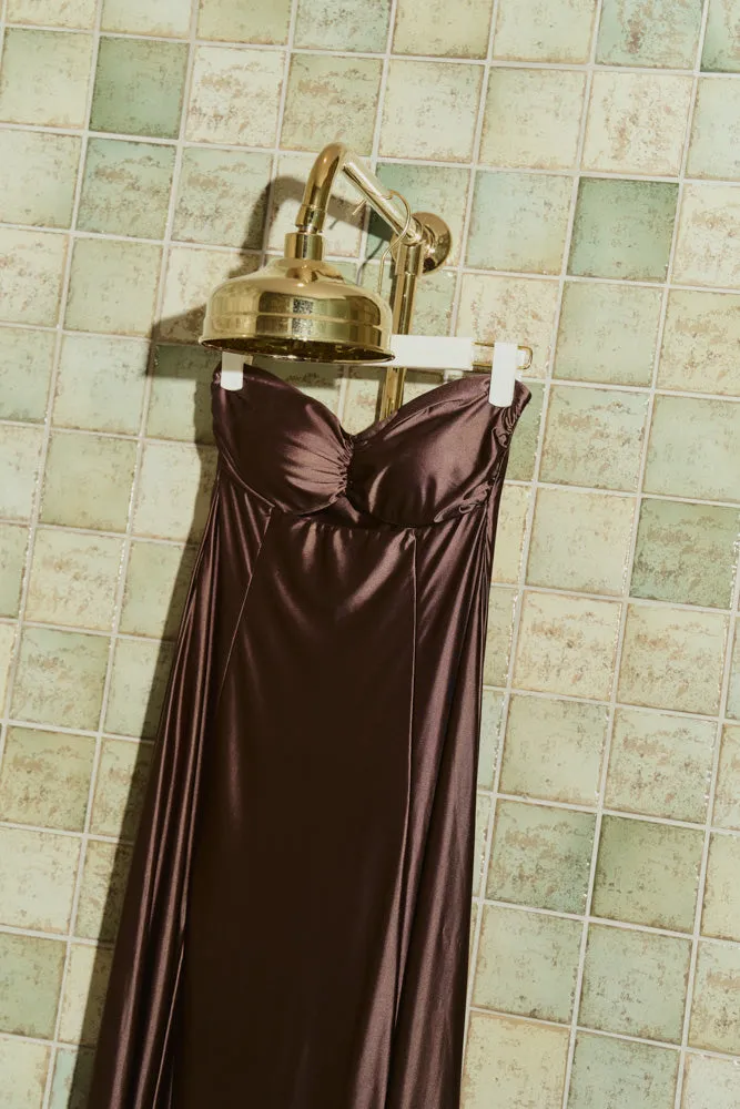 Second Skin|Satiny - Sweetheart Ruched Maxi Dress - Maya Cocoa