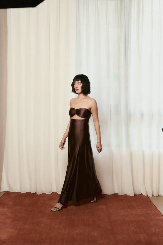 Second Skin|Satiny - Sweetheart Ruched Maxi Dress - Maya Cocoa