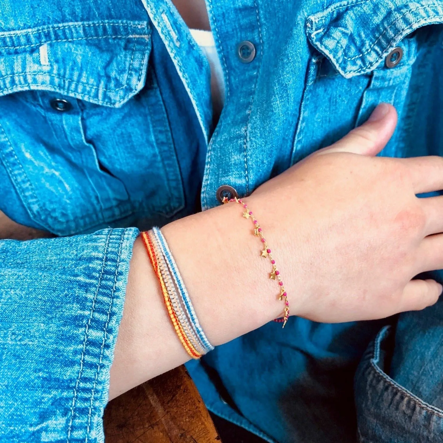 Sterling Silver and Pink Enamel Starry Bracelet